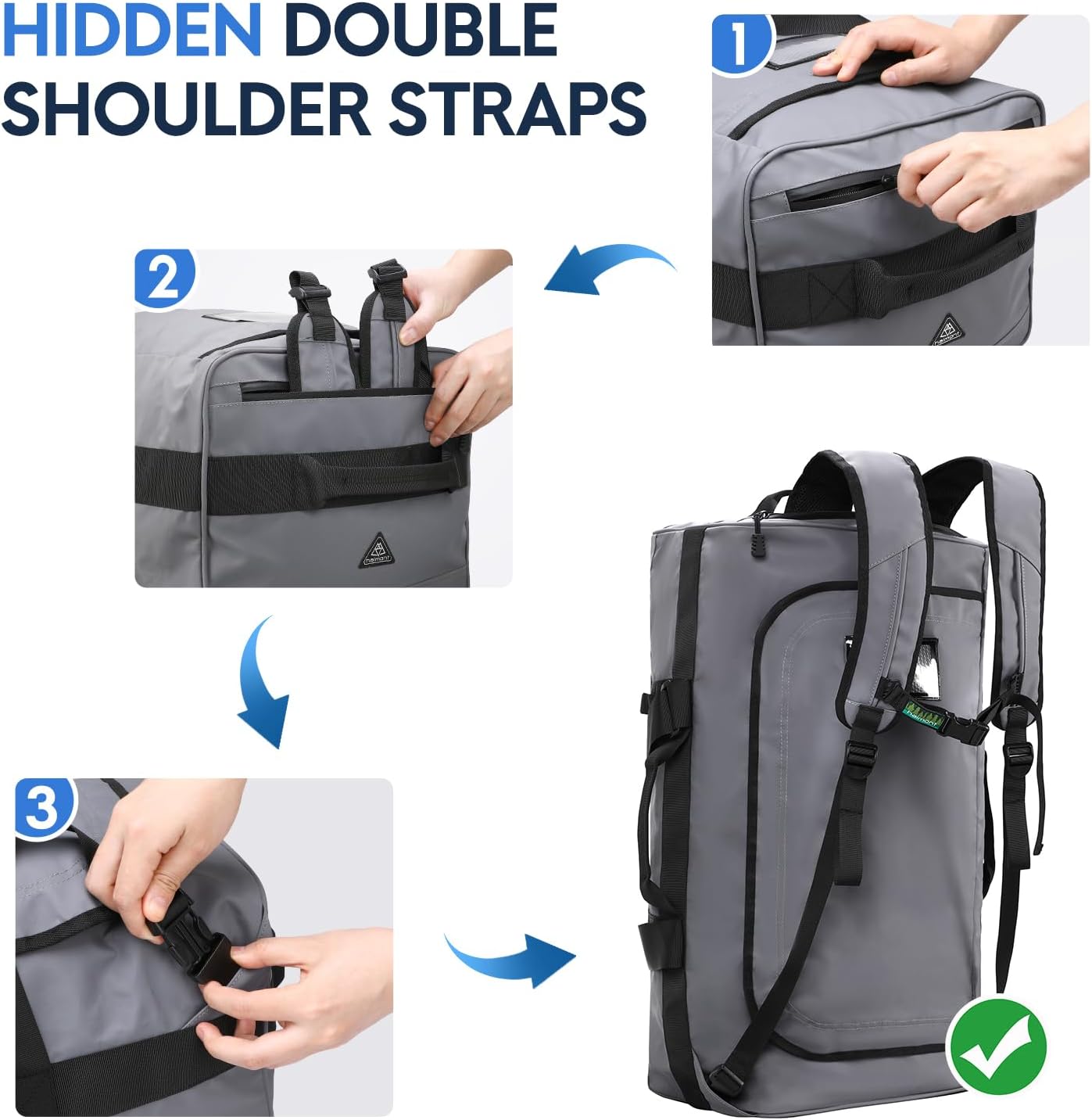 Haimont Gym Duffel Backpack Bag for Men Large Sports Duffle Bags with Backpack Straps for Hiking Travel Weekender Workout, Water Resistant, Gray, 60L Grey 60L image 2 of 7 B09GKK6CTF