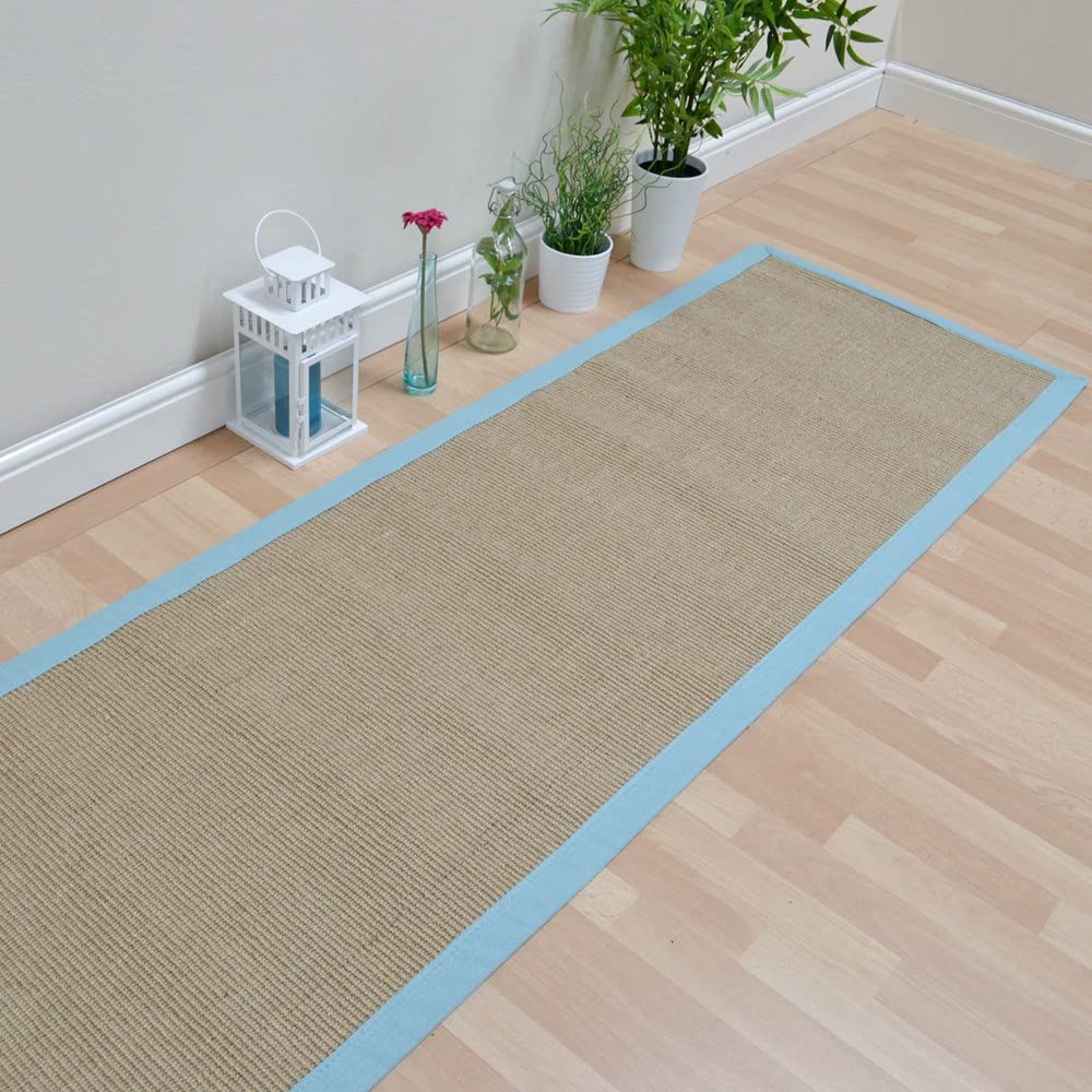 Lord of Rugs Sisal Rug Natural Weaves Anti-Slip Flatweave Cotton Bordered Living Room, Kitchen, Bedroom Hallway Rug Natural/Aqua Runner L241xW68 cm (7'19"x2'2") โ image 1