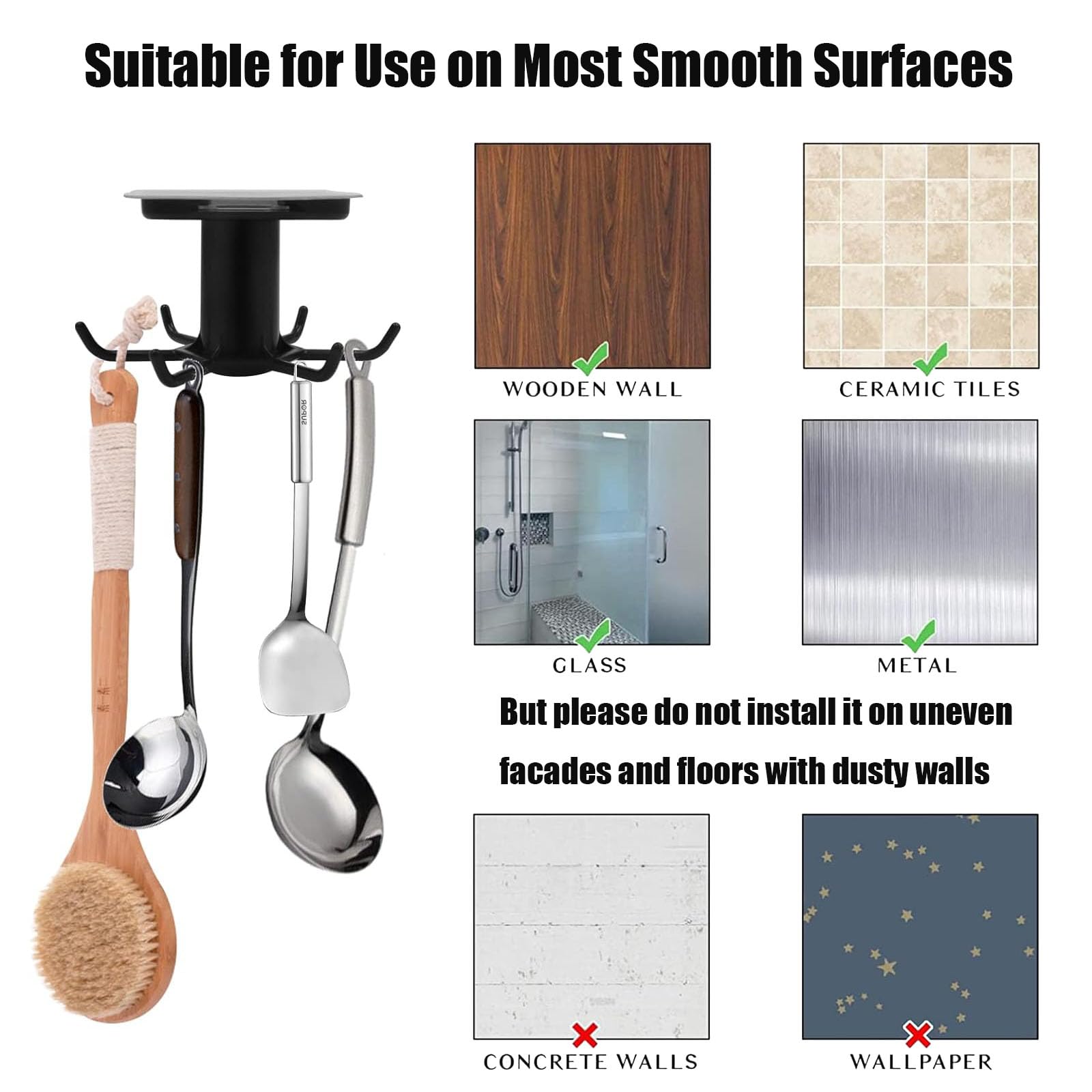 Support Ustensiles Rotatif 360° - 3 Pièces Avec 6 Crochets - Adhésif Sans Perçage - Cuisine & Salle De Bain