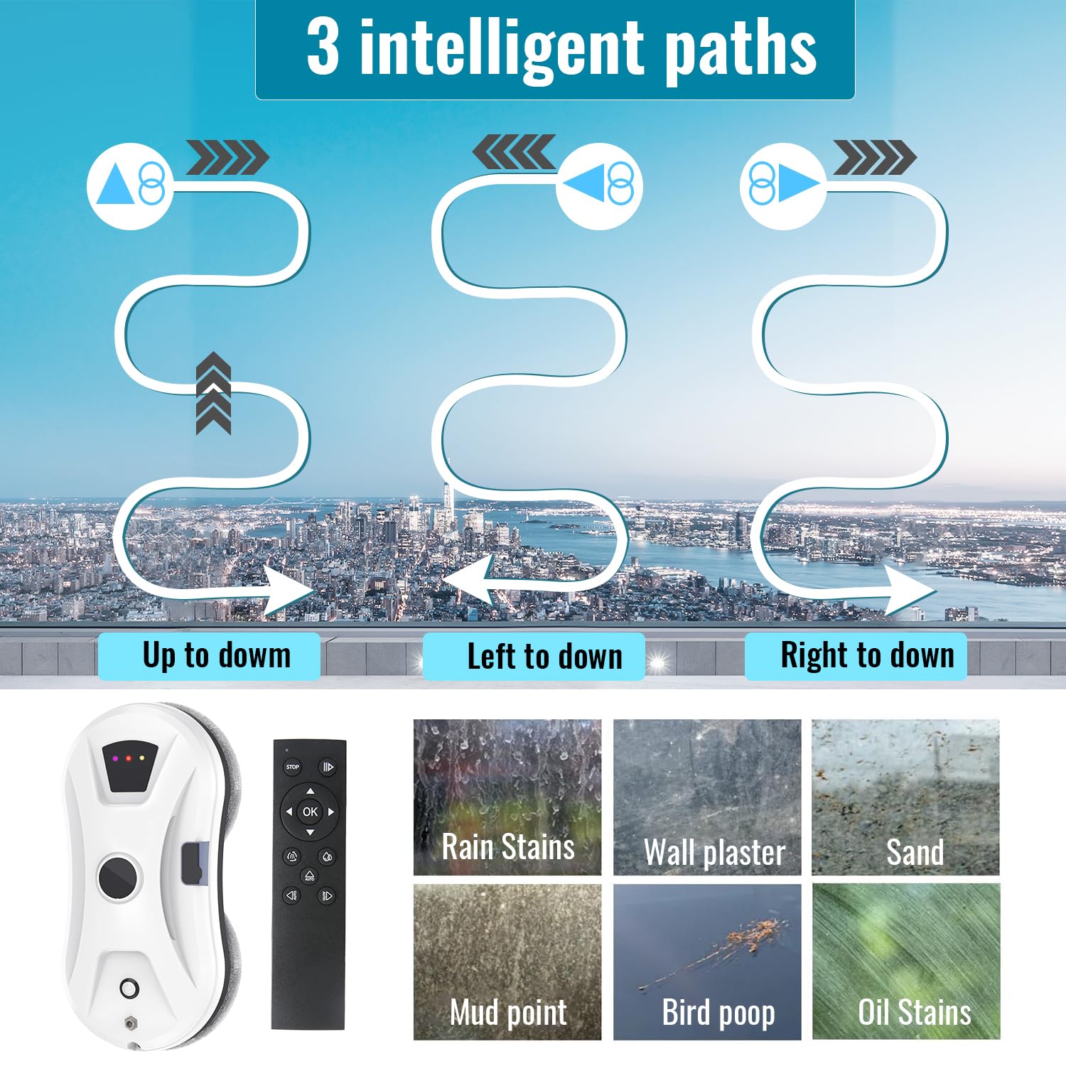 Fensterputzroboter mit Sprühfunktion, 5600 Pa Fensterroboter mit Intelligenter Navigation, 3 Reinigungsmodi, Sicherheitsseil und UPS, für Fenster, Glas, Spiegel und Fliesen