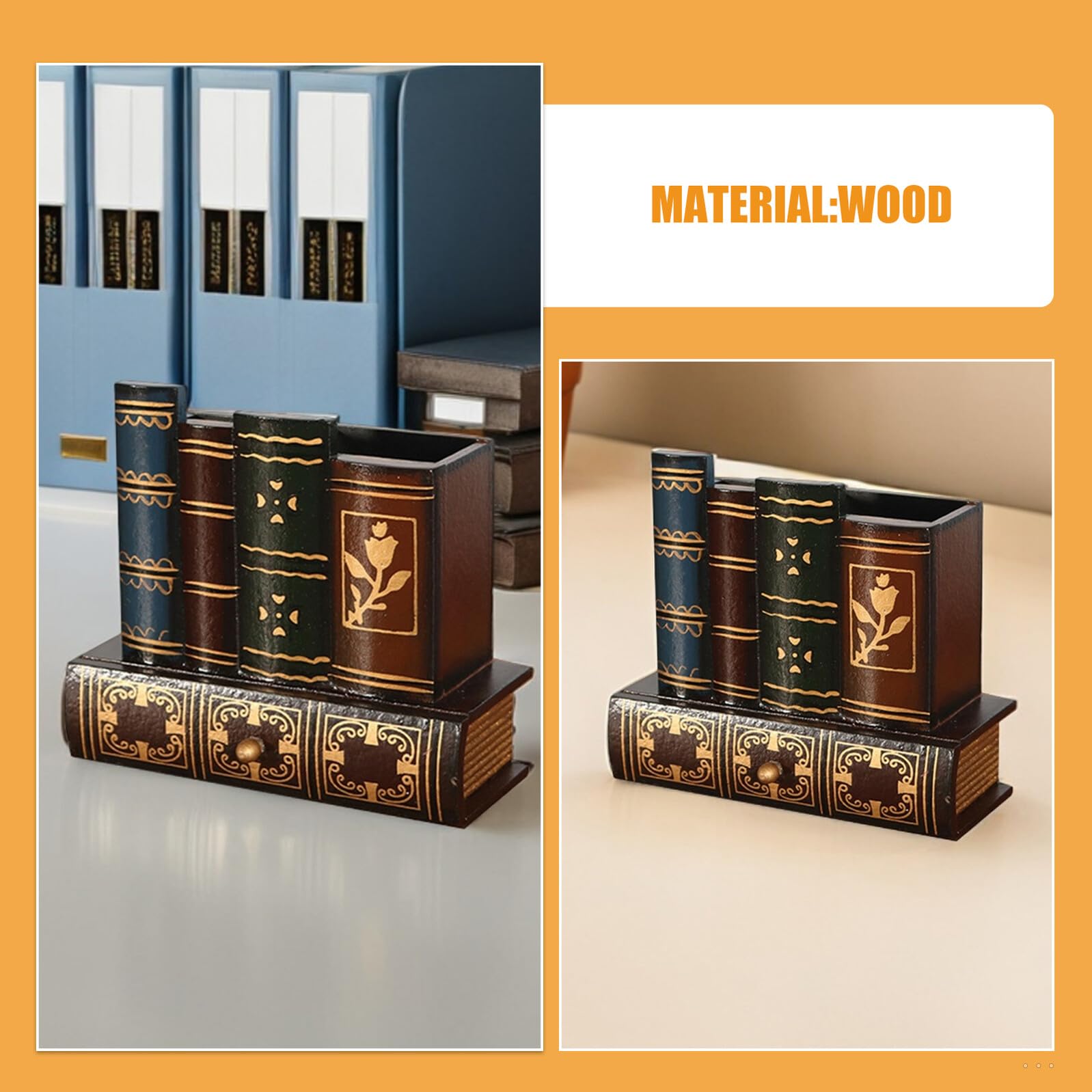 Organizer da Scrivania Elegante con Cassetto Stile Europeo in Legno Portapenne a Forma di Libro Falso Set 2 Pezzi per Ufficio e Spazio Lavoro Ordinato
