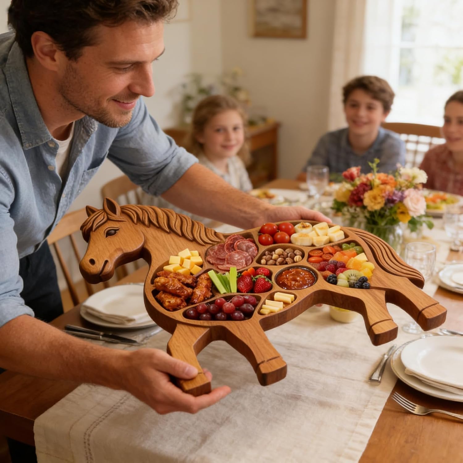Horse Shaped Wooden Charcuterie Board, Wooden Horse Shaped Serving Tray, Natural Solid Wood Cheese Appetizer Platter with Multiple Compartments, Rustic Farmhouse Style Appetizer Platter, 35.5x35.5cm