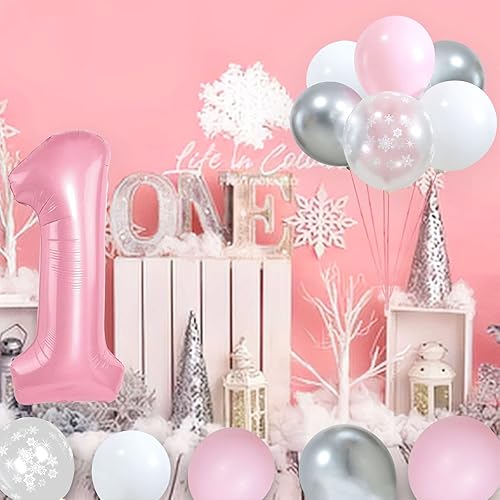 Miniatura 6 de Globos de copo de nieve de color rosa y blanco plateado, globos de invierno para baby shower, fiesta de primer cumpleaños, decoración de fiesta de