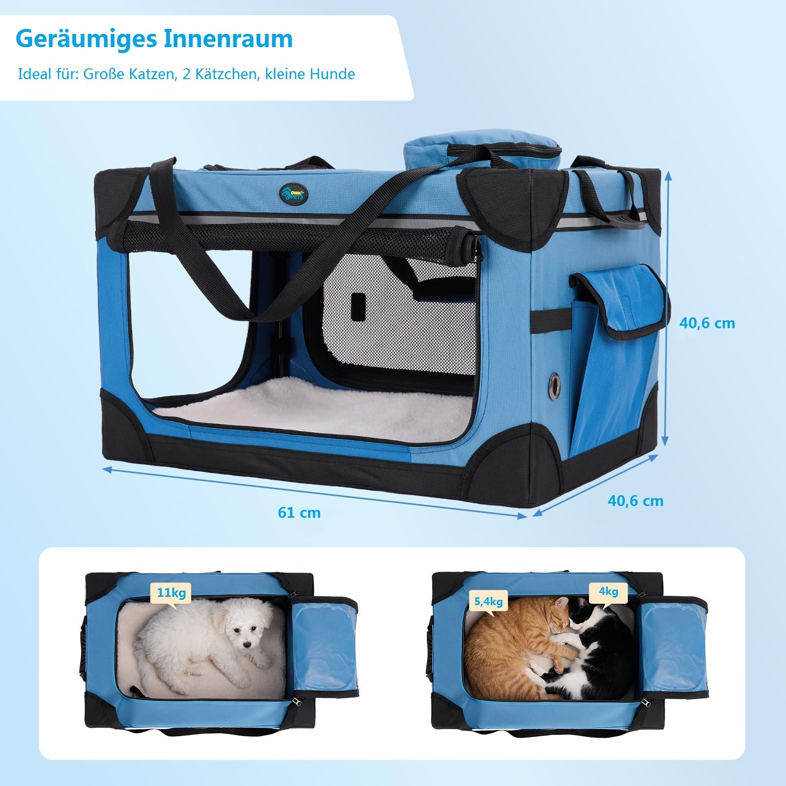 Ownpets 60x40cm Klappbarer Hundekäfig für Katze&Hundewelpe, Tragbarer Reisehundekäfig, 4-Türiger Faltenbarer Haustierkäfig mit Robusten Netzfenstern und Weicher Matte, Blau