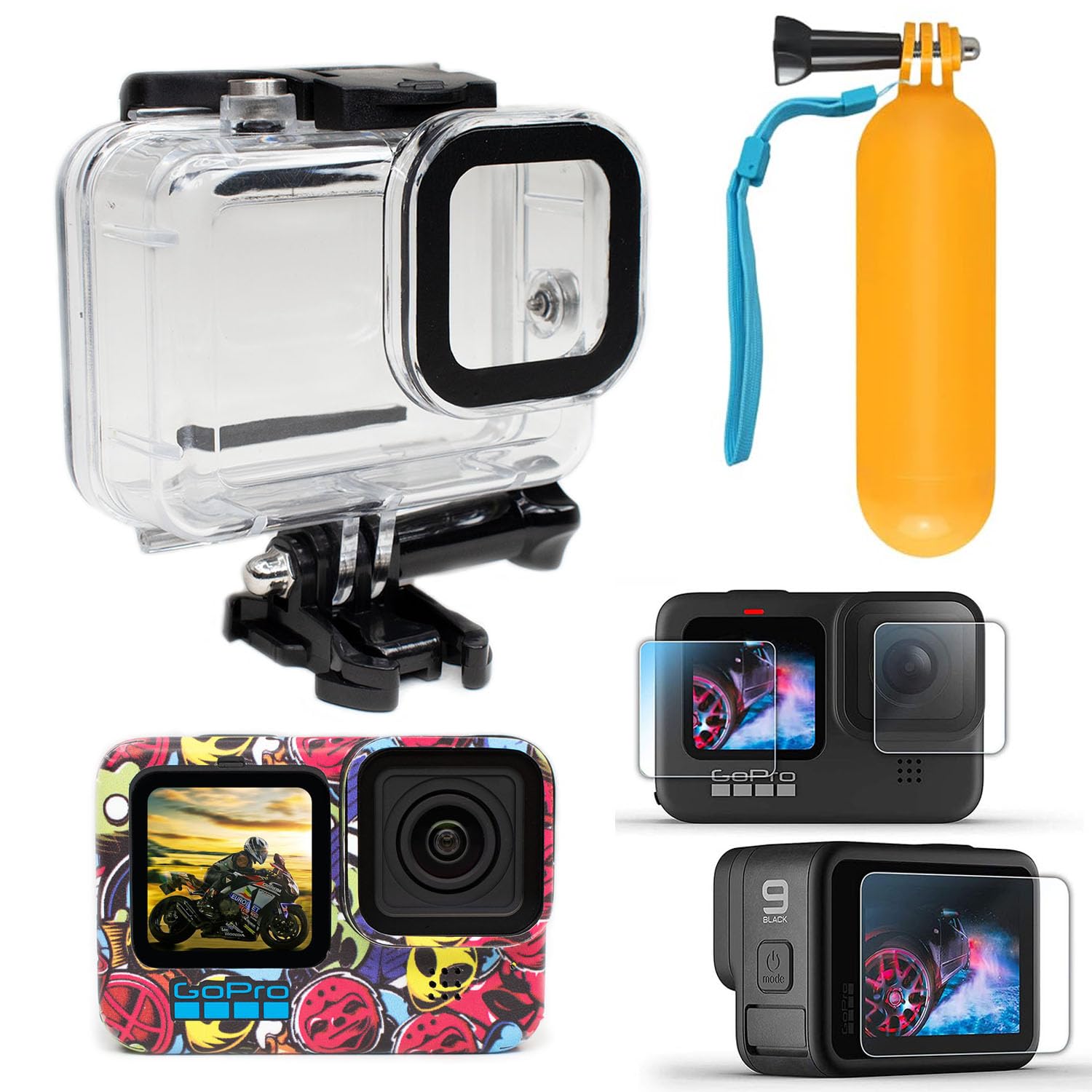 Action Pro Camera Accessories kit Compatible with GoPro-9/10/11/12 Action Camera with Waterproof Case, 9H Screen Protector, GoPro Skin and Floating Bobber Hand Grip Camera Accessories