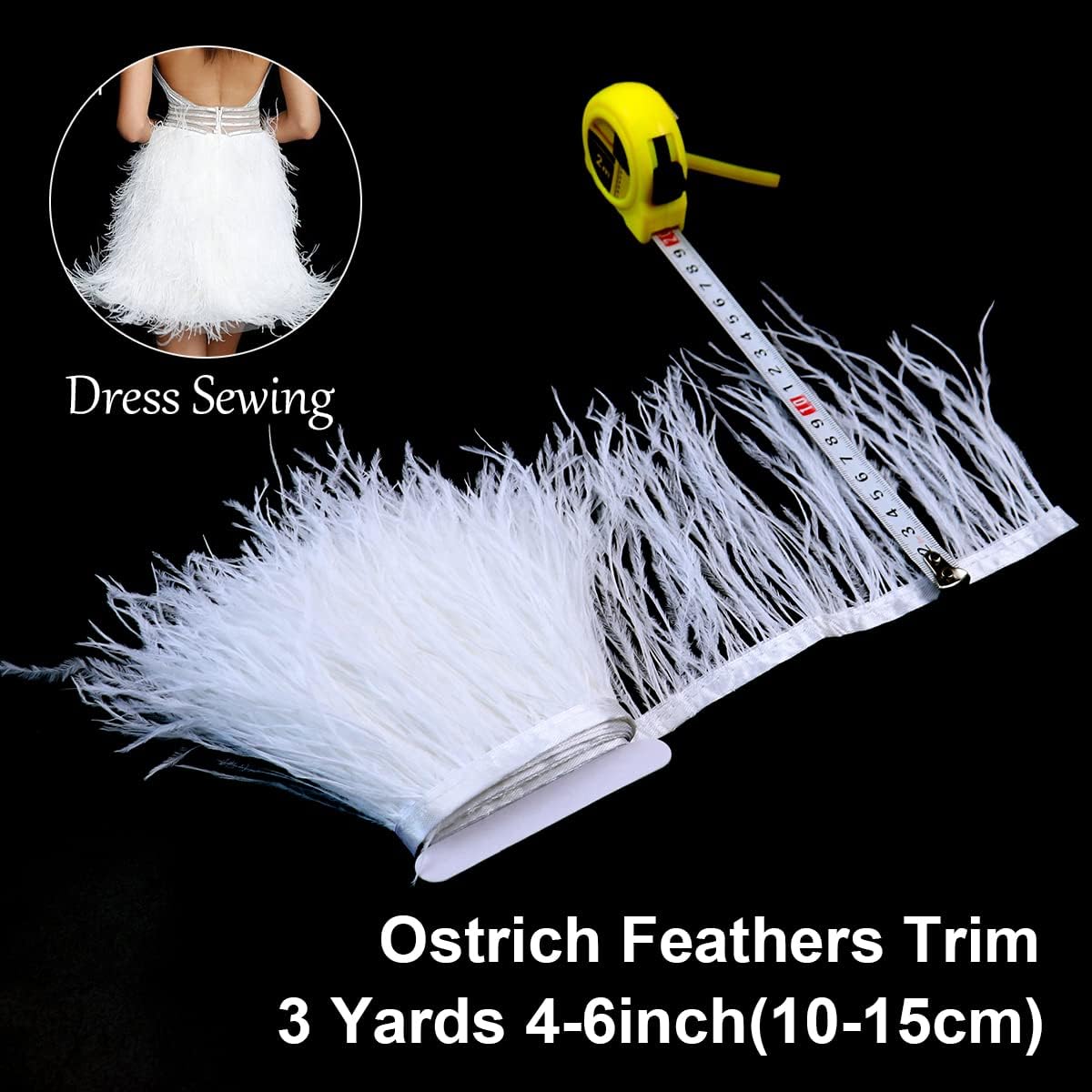 3 Yards 5-6inch White Ostrich Feathers Trim Fringe for DIY Dress Sewing Crafts Costumes Decoration