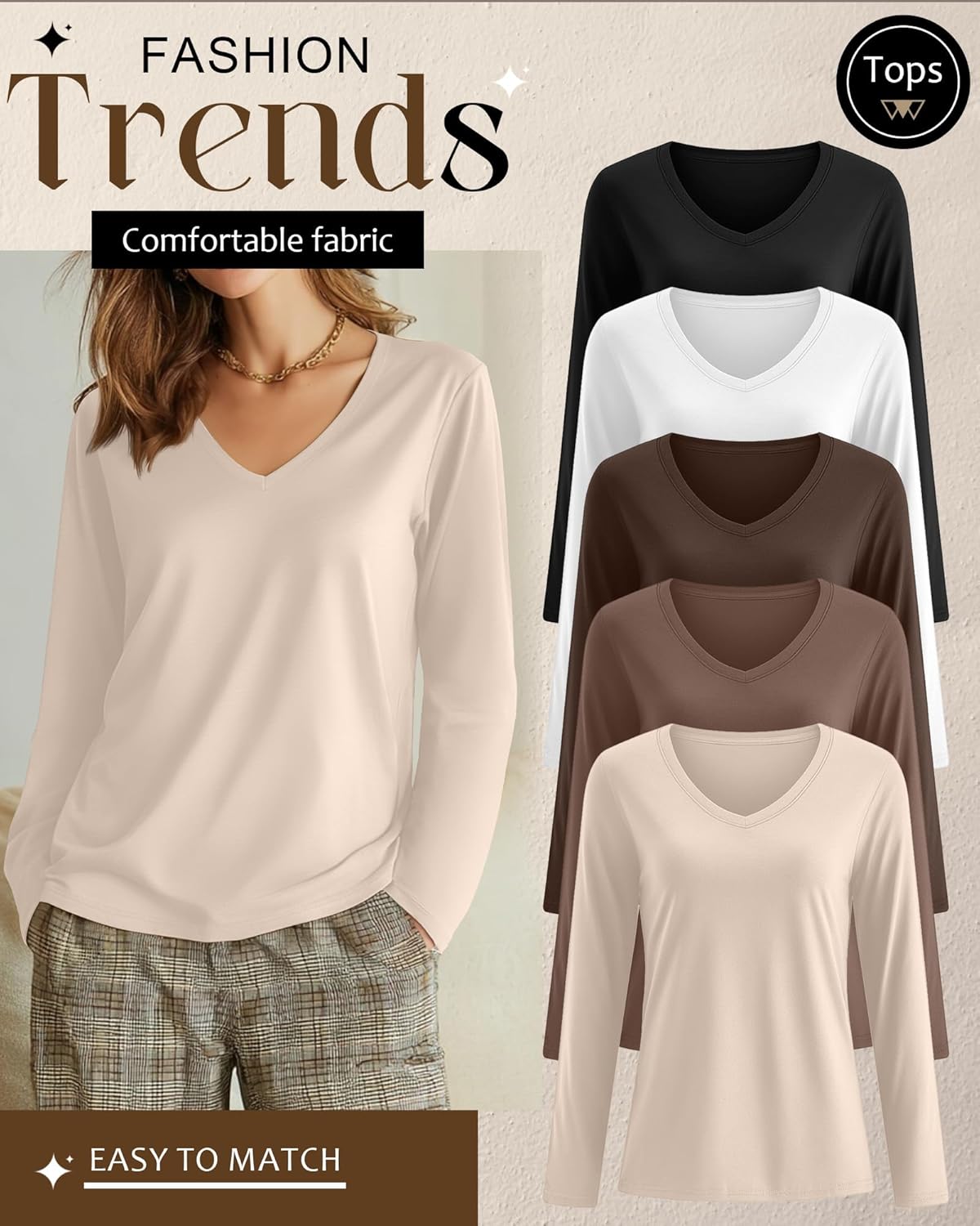 Huukeay 5 Pack Women's T-Shirts V Neck Long Sleeve Tops Casual Loose Fit Layering Shirts Flat Hem Basic Plain Work Tees - Image 3