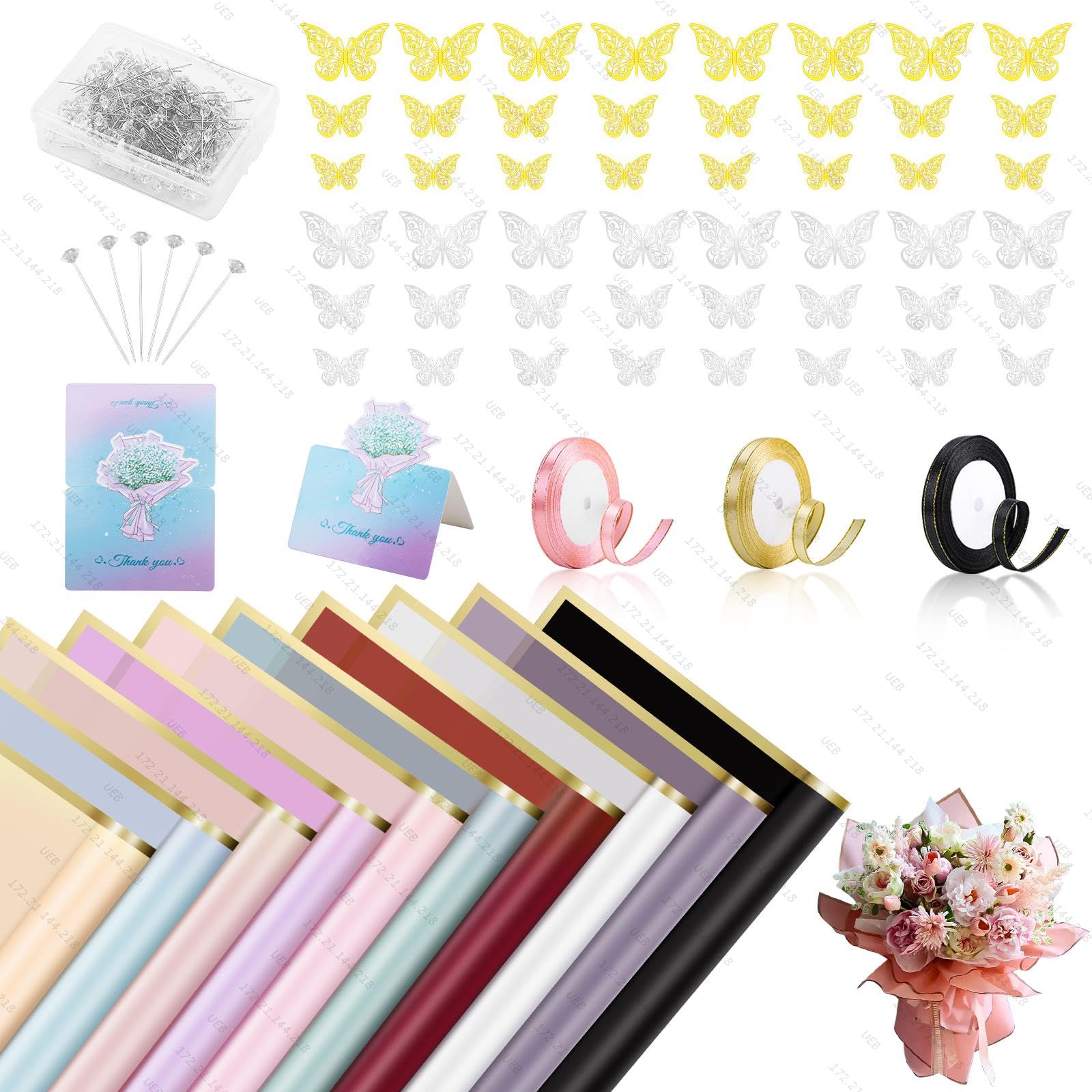 homdat Blumenstrauß Papier Set, bestehend aus 100 Blatt Geschenkpapier mit Blumenmuster, Bändern, Grußkarten, Diamantbroschen, 3D-Schleifen und Blumenkränzen zum Verpacken von Blumengeschenken,58 cm