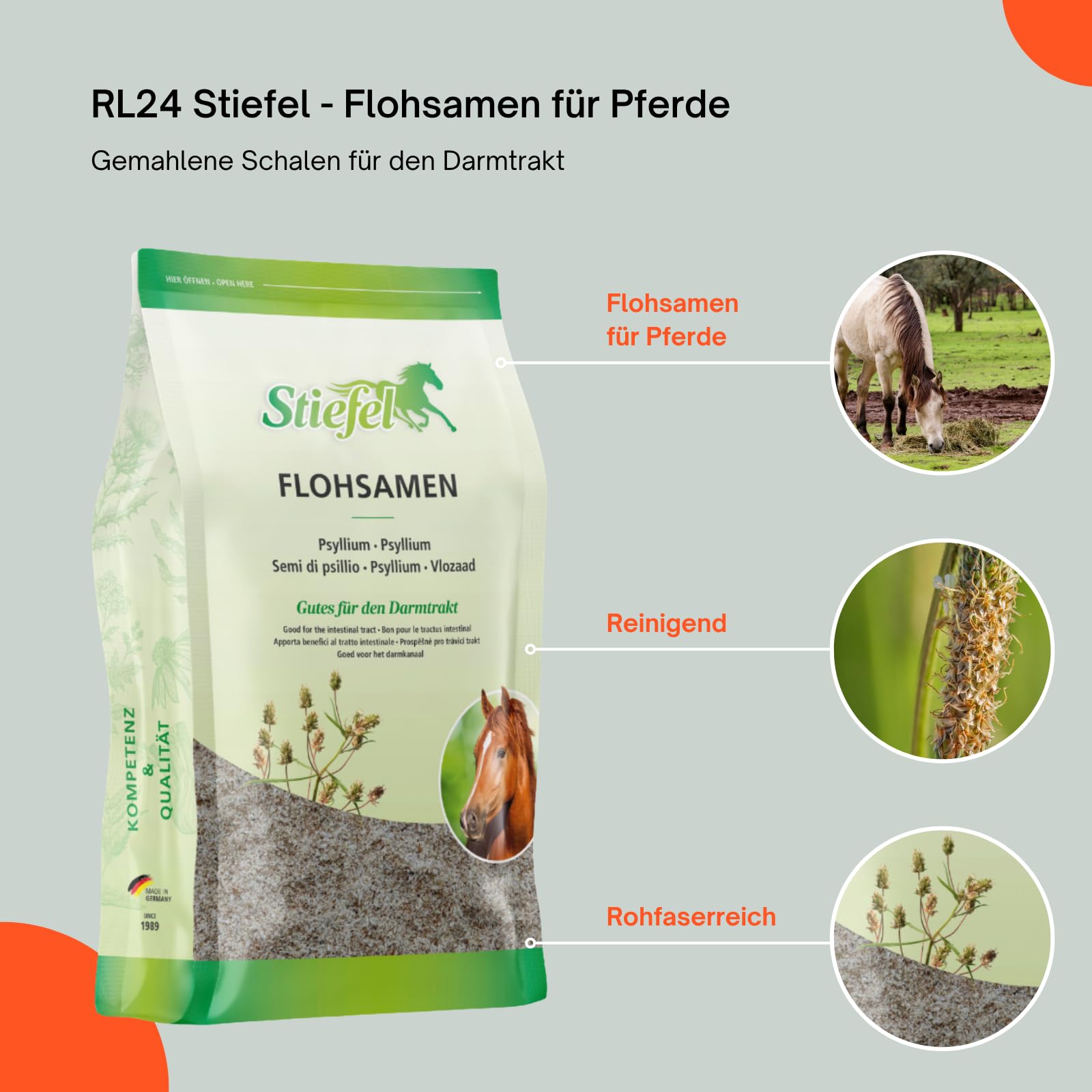 RL24 Stiefel - Flohsamen für Pferde – 5 x 1000 g Beutel (5er Set) | Gemahlene Schalen für Darmtrakt – quellfähige Flohsamenschalen können Selbstreinigungsfunktion des Darms unterstützen