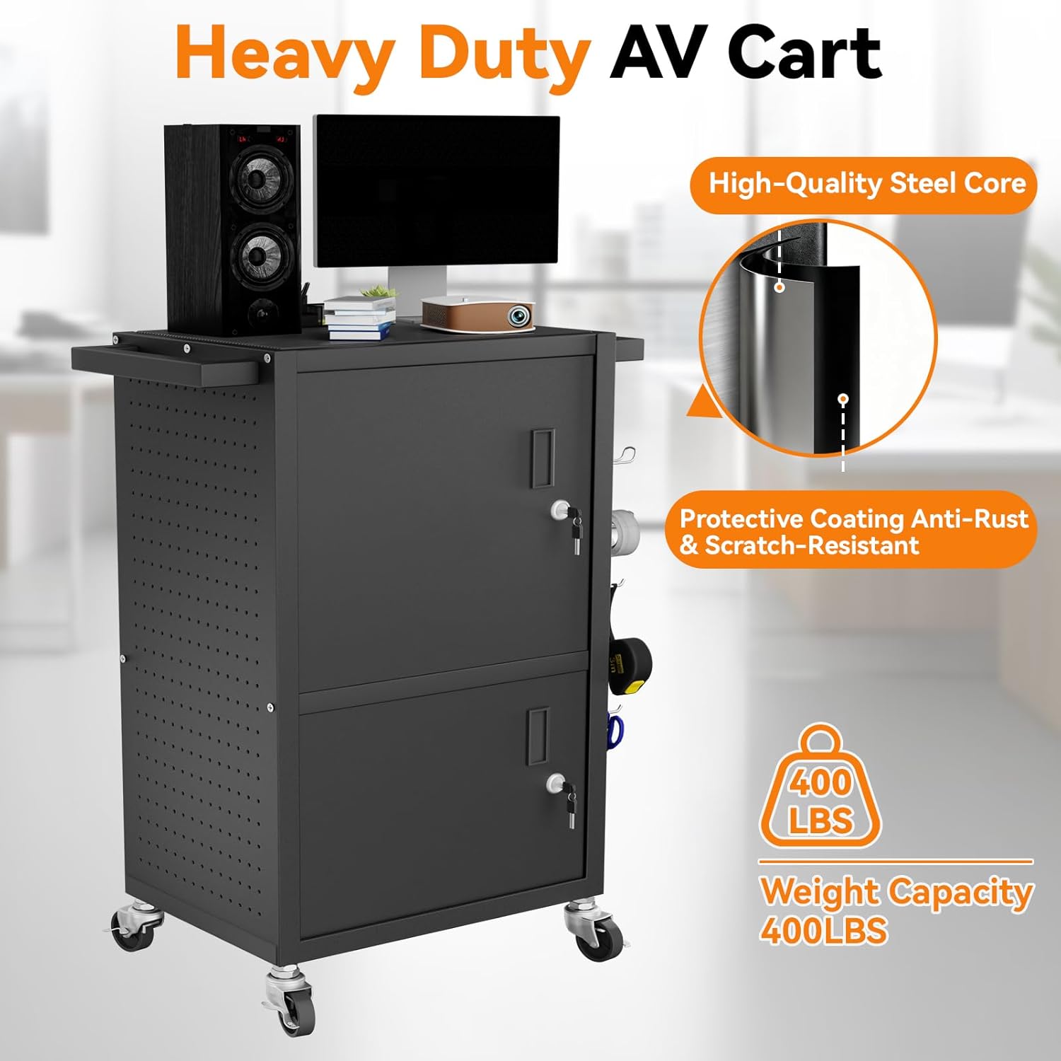 Mobile AV Cart - Heavy Duty Computer Cart with 2 Cabinets, Rolling Media Cart with 4 Outlets & Pegboard & Hooks, Lock Brake Wheels Mobile Computer Workstation, Perfect for Home or Office
