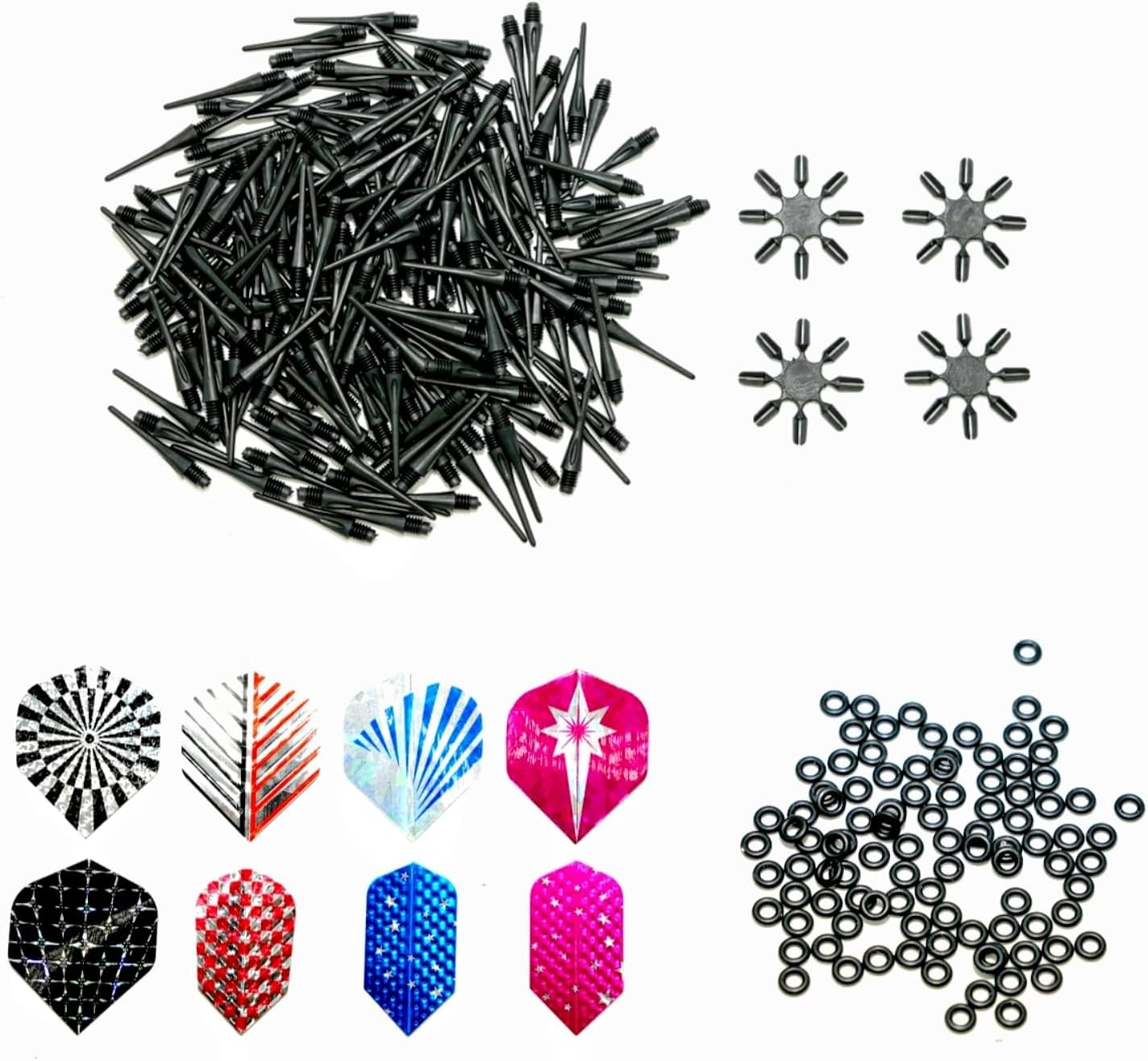 2BA 2BA Thread Plastic Dart Points Set 200 Pack Soft Dart Tips 24 Dart Flights 100 Non-Slip Rubber Rings 4 Flight Protectors Replacement Dart Accessories
