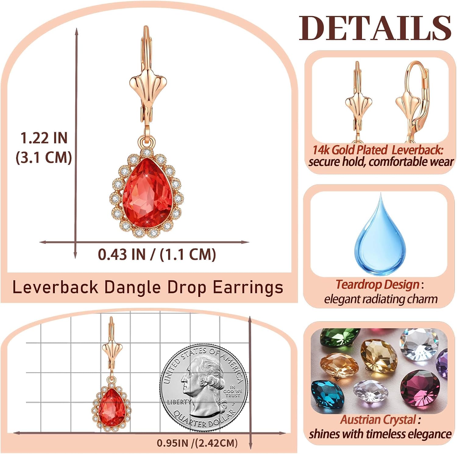 EVEVIC Austrian Crystal Teardrop Leverback Earrings for Women 14K Gold Plated Halo Dangle Drop Earring Jewelry Gifts
