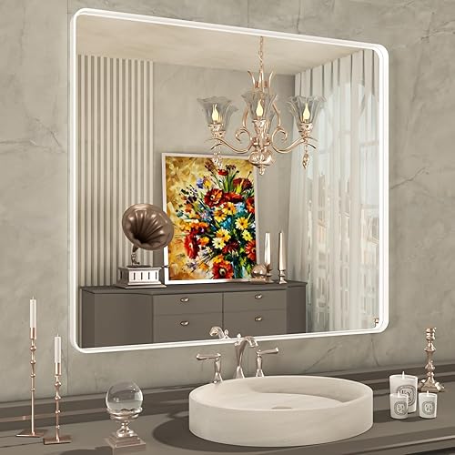 Miniatura 1 de Espejo blanco para baño de 40 x 32 pulgadas, espejo de tocador con marco de metal blanco blanco para pared, espejo rectangular de esquina