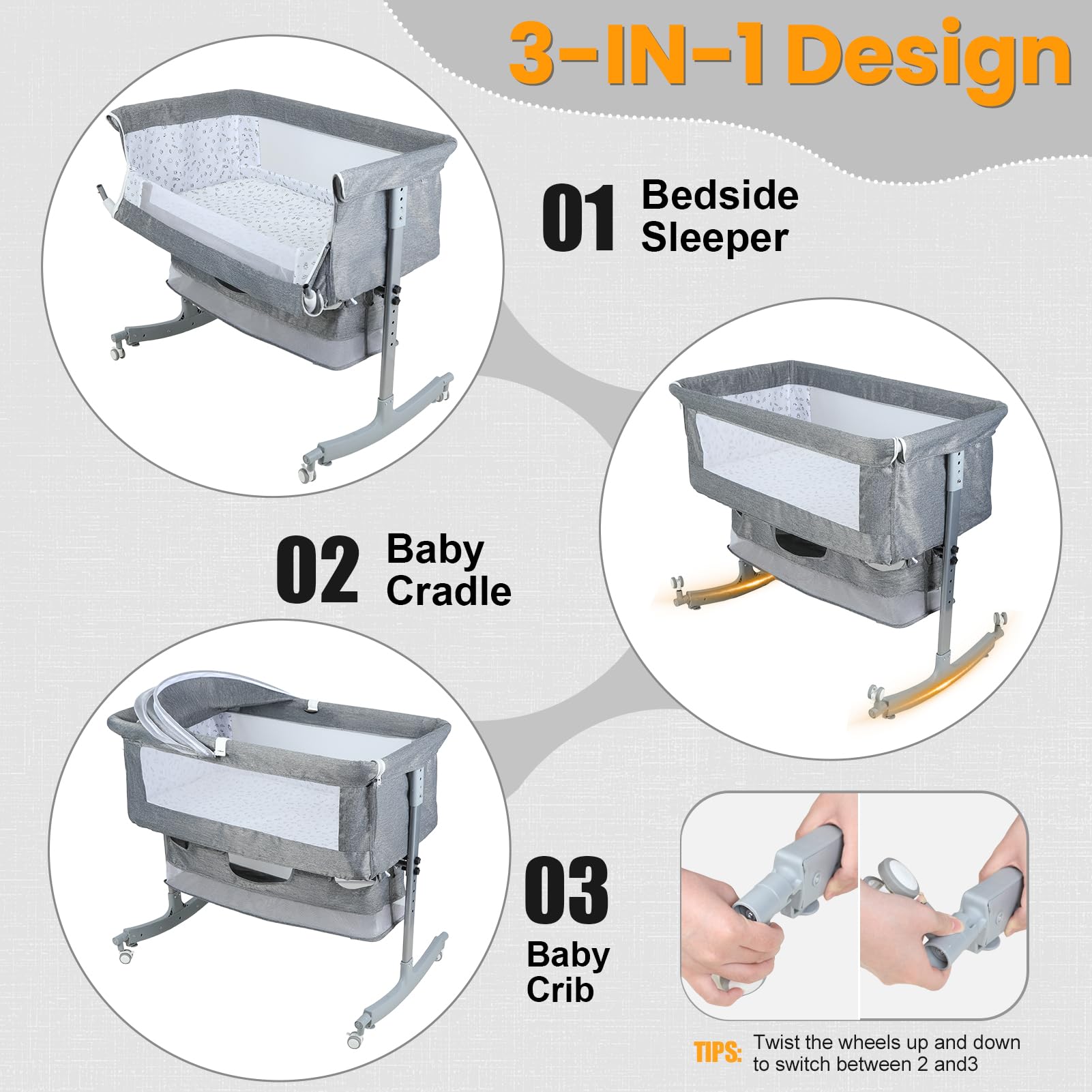 Baby Bedside Crib Baby Crib with with Wheels, Storage, Mosquito Net and Matress Included, Height Adjustable Baby Bassinet (Grey 3) — view 7