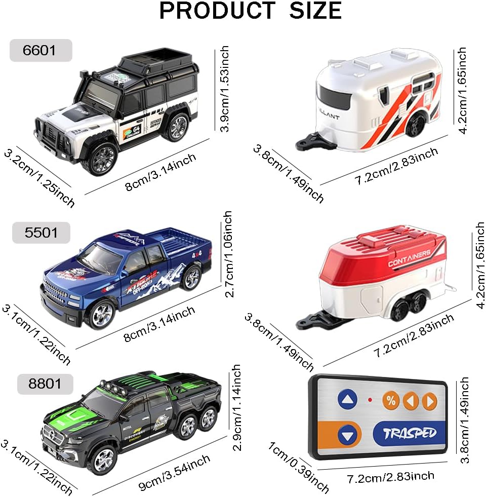 1/64 RC Car Alloy Off-Road Small Remote Control Car 2.4GHZ RC Trailer with Lights USB Rechargeable Three Speed Adjustable Gifts for Christmas Birthday (6601B with Trailer)