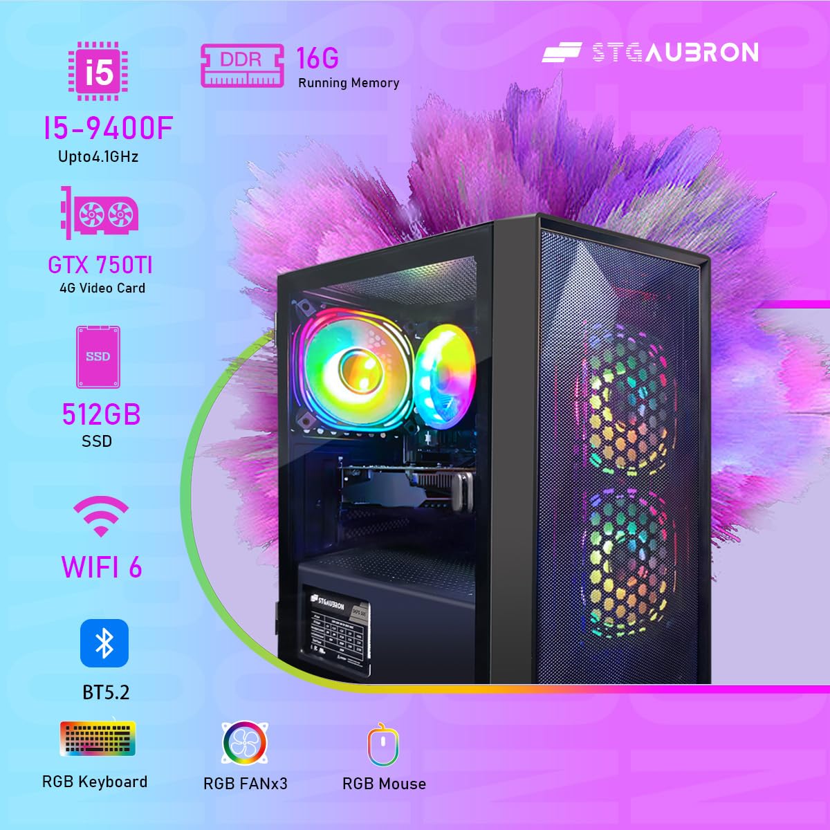 STGAubron Gaming PC Computer Desktop, Intel Core i5-9400F up to 4.1G, GeForce GTX 750 Ti 4G, 16G DDR4, 512G SSD, WiFi 6, BT 5.2, RGB Fan x3, Windows 11 Home
