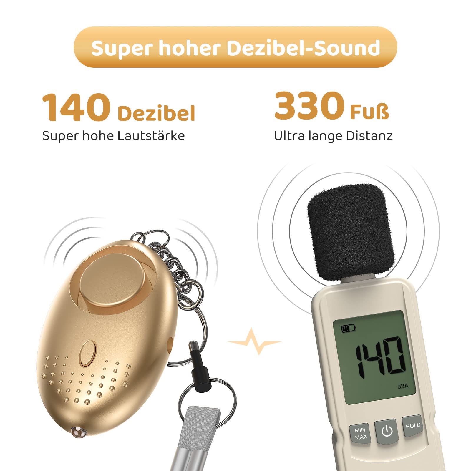 Allarme Personale di Sicurezza di Emergenza - 150dB Sirena Portachiavi Autodifesa di Dispositivo con Torcia LED per Bambini, Donne, Anziani - Molto Forte Suono (Oro)