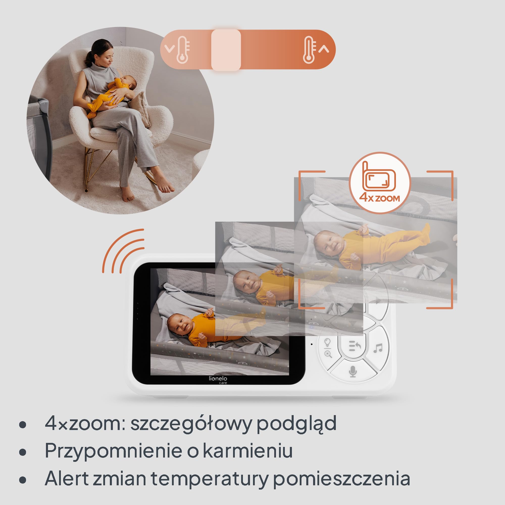 Lionelo Babyline 3.4 Wideoniania Niania Elektroniczna z Kamerą bez Wi-Fi z Nocną Noktowizją, LCD 3,5 Cala, VOX i Interkom, Zoom 4x, Alarm Płaczu i Temperatury, Kołysanki, Kabel 2,8 m, Bateria 3000 mAh