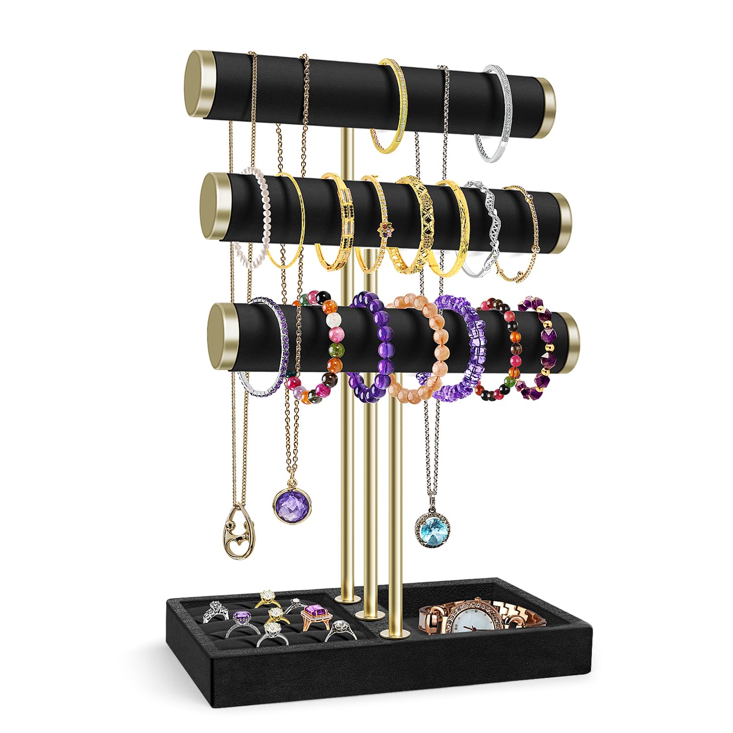 Flexzion Women's Black 3 Tier Bracelet Holder Display Stand - Velvet Bracelet Holder Organizer With Detachable T Bar - Jewelry Display Stand For Bracelets, Bangles, Necklace, Watches, Rings