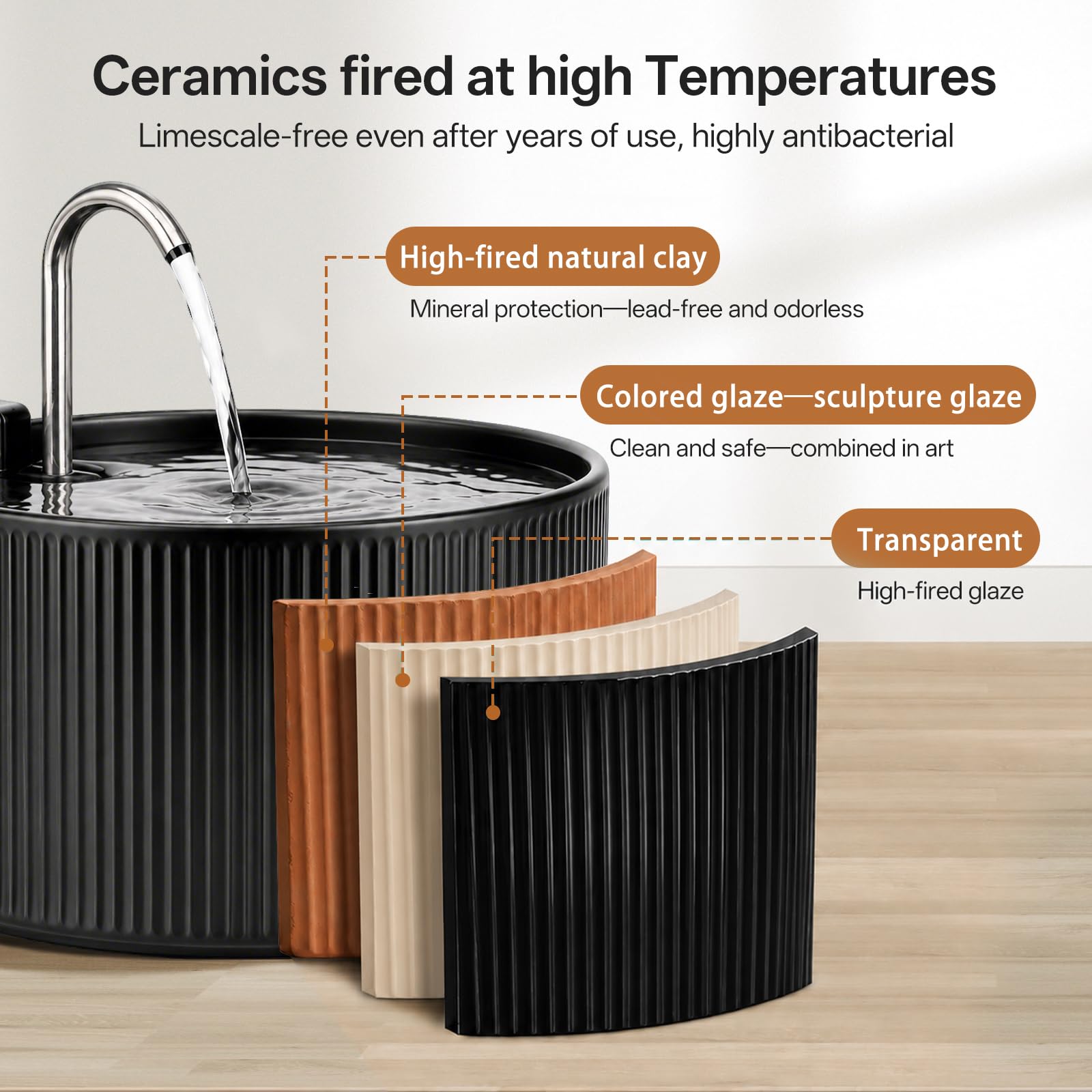 Fuente para gatos de cerámica: VinDox 2,2 L para gatos, cerámica, dispensador de agua silencioso para mascotas con filtro de carbón activo, diseño sencillo, fuego a altas temperaturas de cerámica