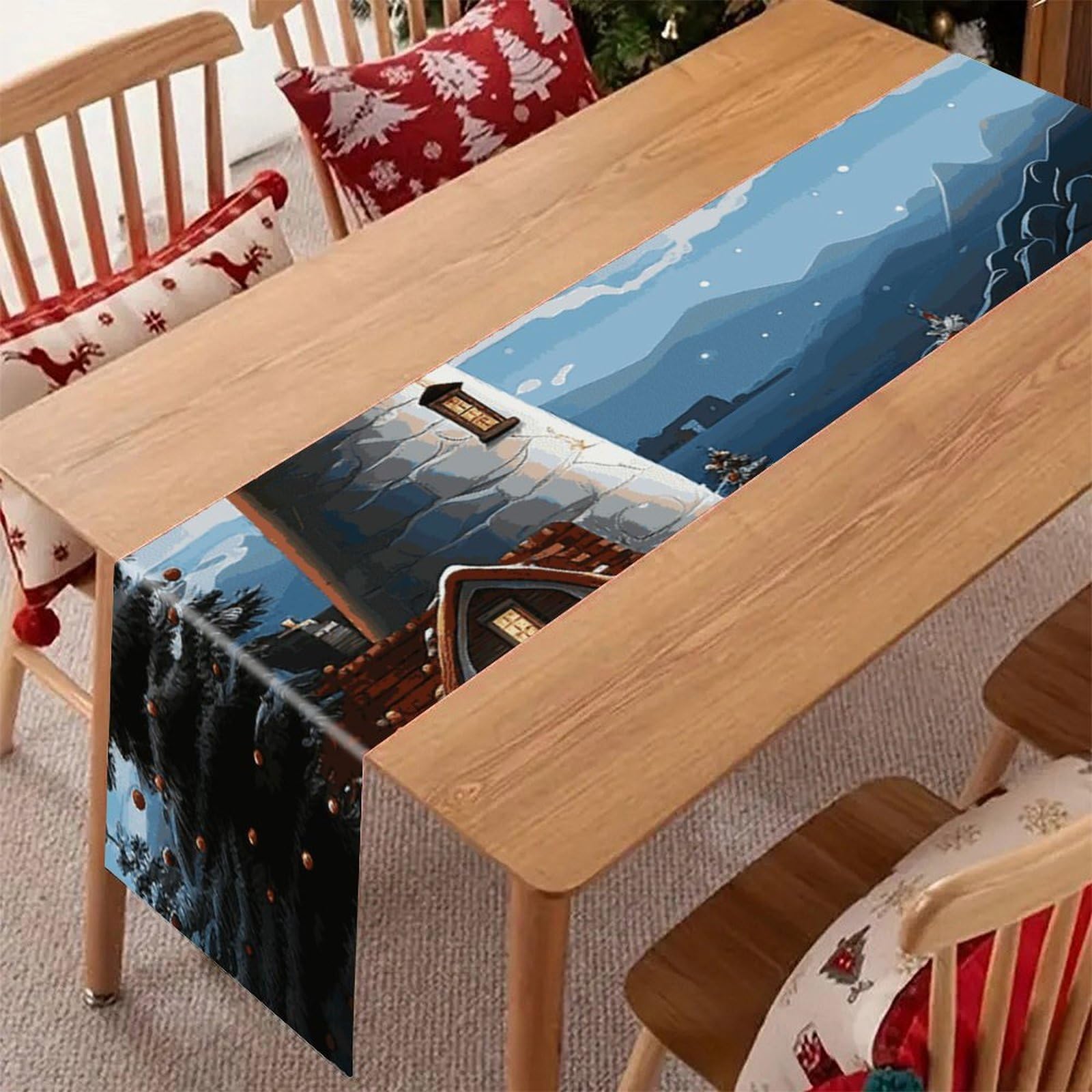Khauerbc Style Santa Claus Lighthouse Linen Table Runner-70.87*12.99 Inch,This Decorative Table Runner Is Wrinkle Resistant Table Mat. Embroidered Table Runners As Kitchen Dining And Coffee Tables.