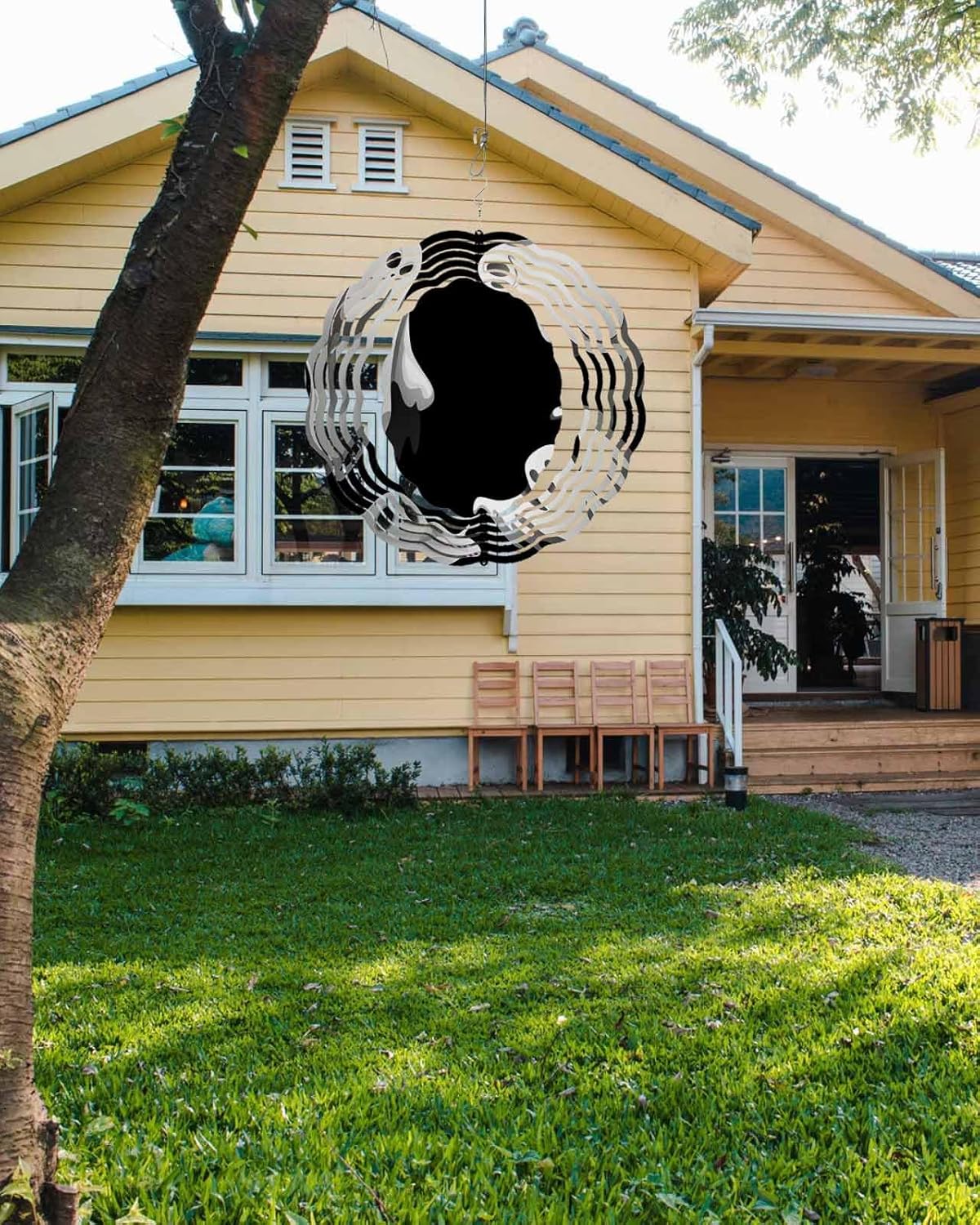Halloween Wind Spinner 3D Stainless Steel, 10 Inch Double Sided Circle Hanging Wind Spinners, White Ghost Abstract Art Garden Art Wind Sculpture for Yard Porch Front Door