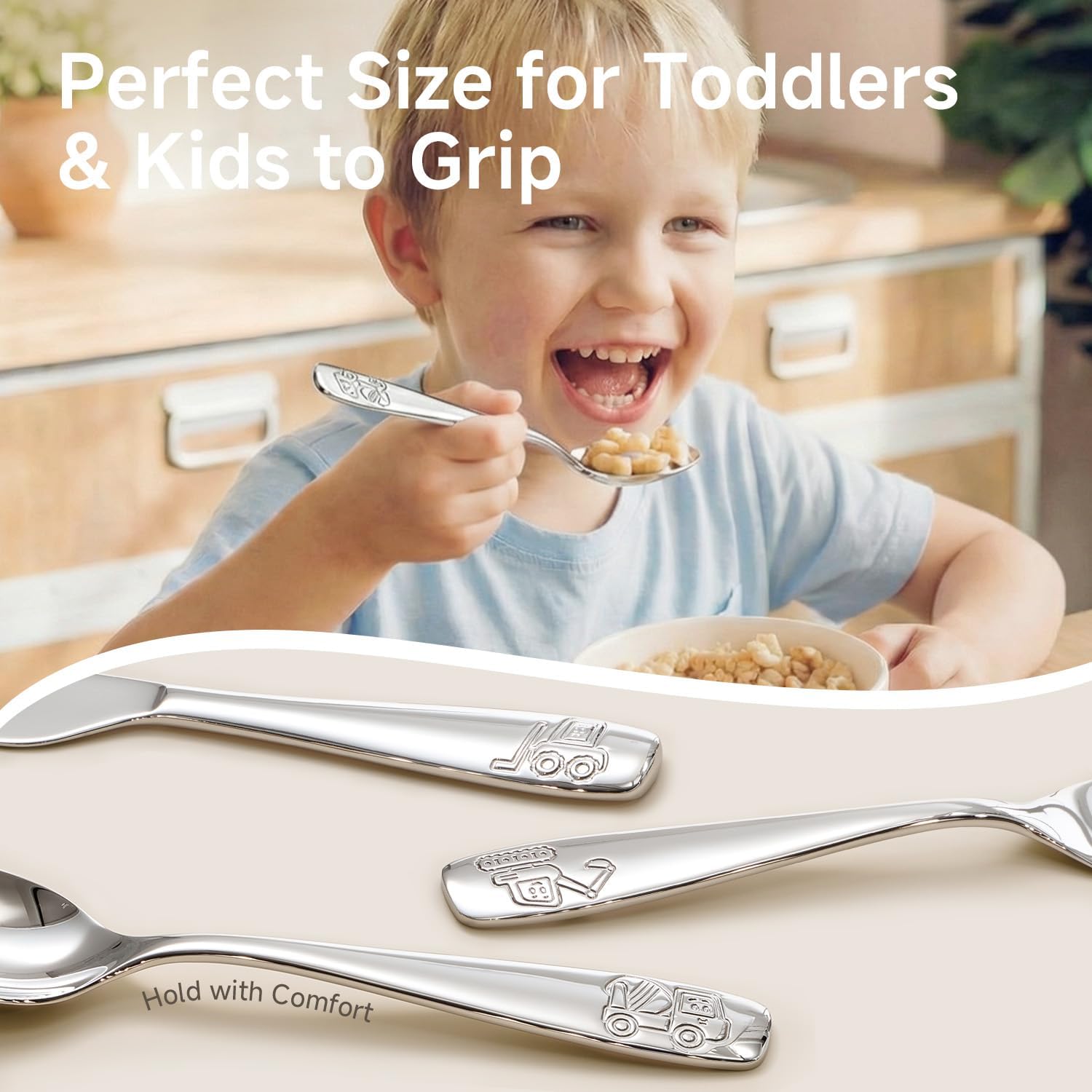 KINGSTONE Kids Silverware Set 3 Pieces, 18/10 Stainless Steel Fork, Spoon & Knife, Construction Vehicle, Digger & Dump Truck Kids Utensils, Food-Grade, Dishwasher Safe for Children Daily Use