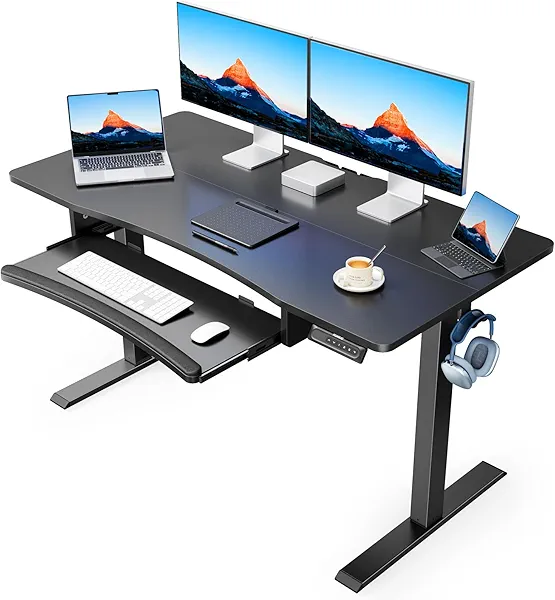 HUANUO Electric Standing Desk with Large Keyboard Tray(26.7"), Adjustable Height Stand Up Desk for Home Office, 4 Memory Height Settings, 2 Headphone Hooks, Computer Workstation 48" x 24", Black