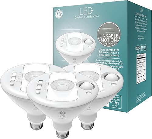 Miniatura 1 de GE LED + Bombillas con sensor de movimiento, sensores de movimiento enlazables, luces de seguridad para exteriores, blanco cálido, focos PAR38