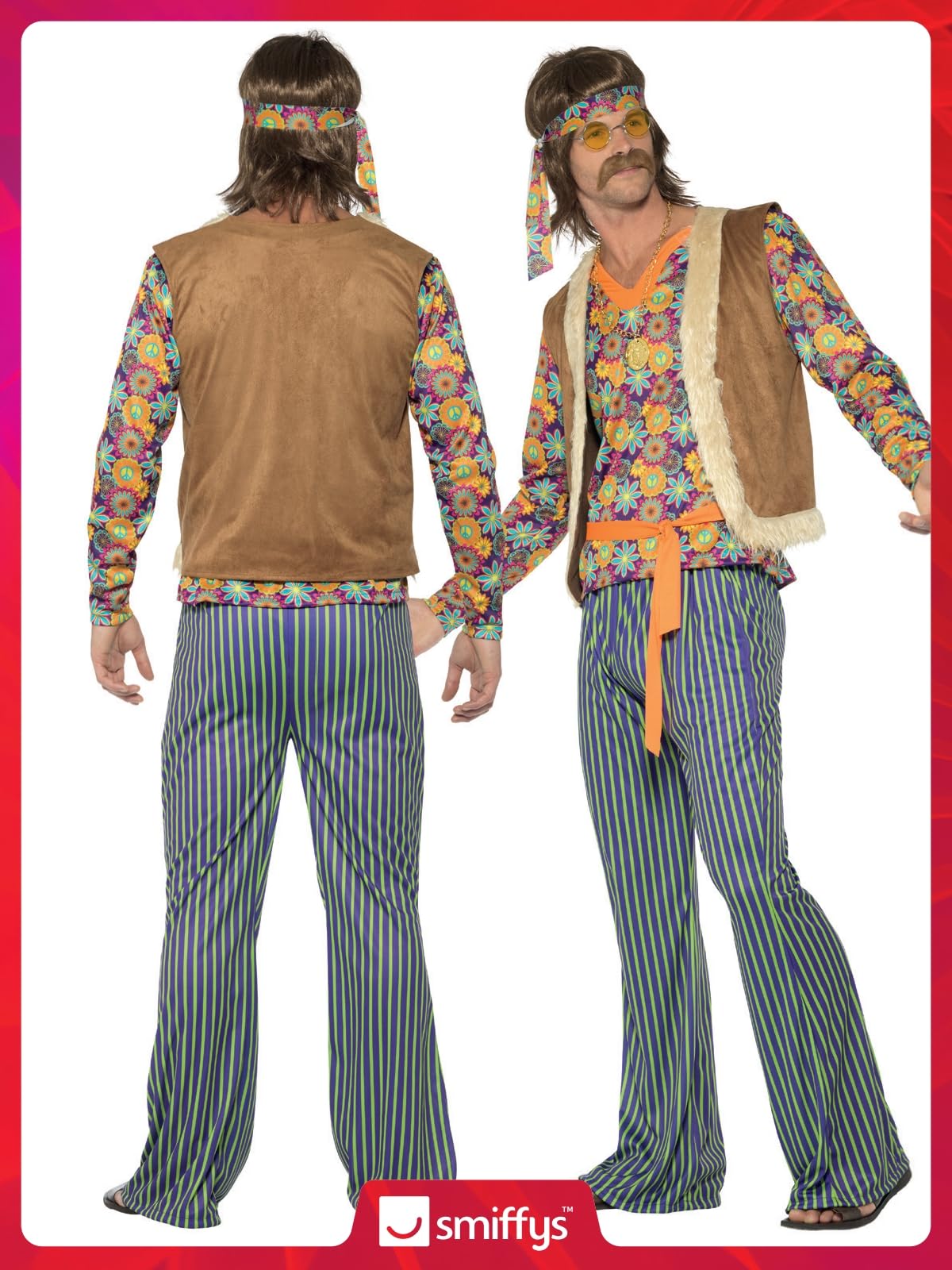 Smiffys - Herren 60er Jahre Sänger Kostüm, Oberteil, Weste, Hose, Gürtel und Kopfband, mehrfarbig Halloween