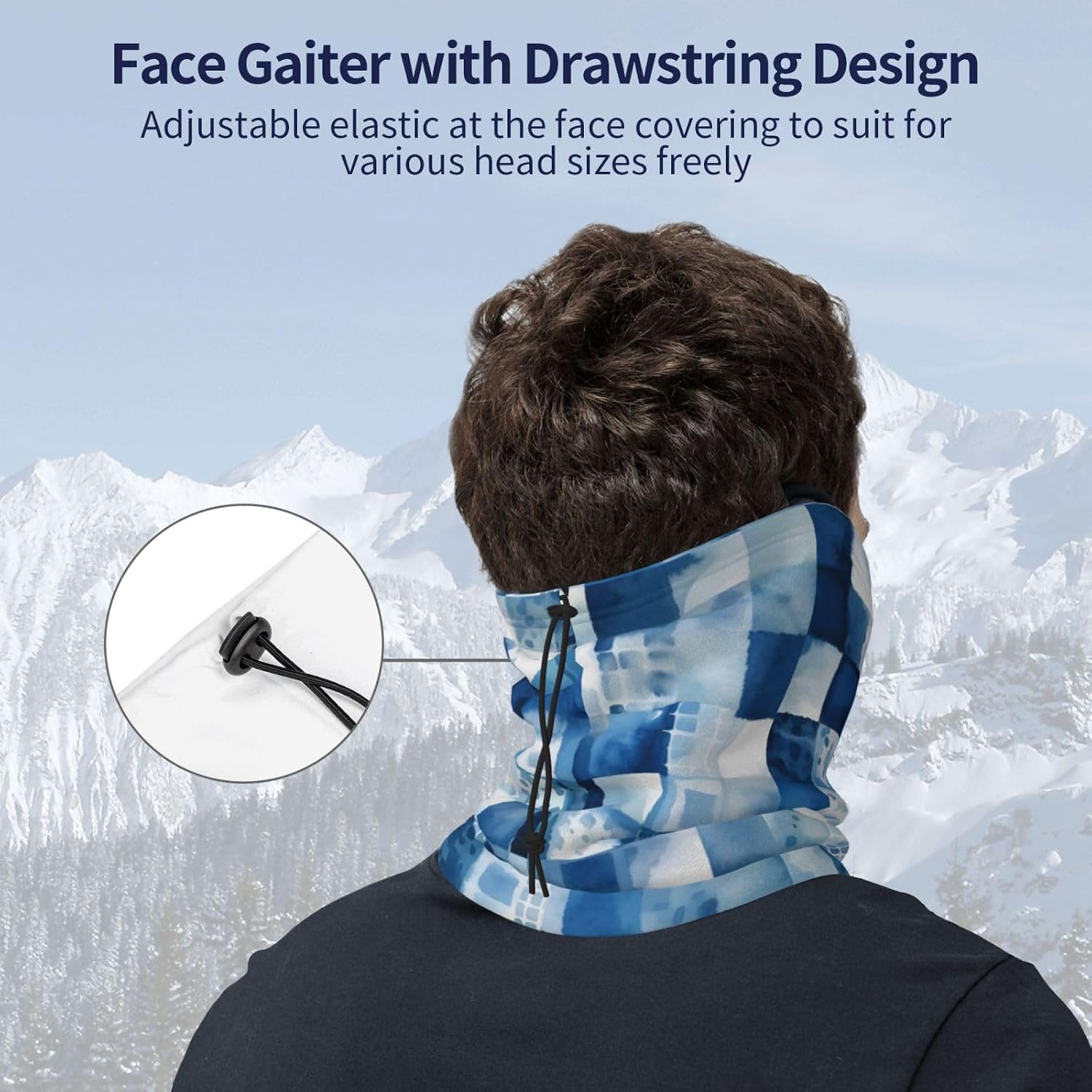 Winter Face Mask Elastic Headband Cold Weather Neck Warmer for Men Women, Blue Watercolor Grid Pattern Adjustable Neck Gaiter