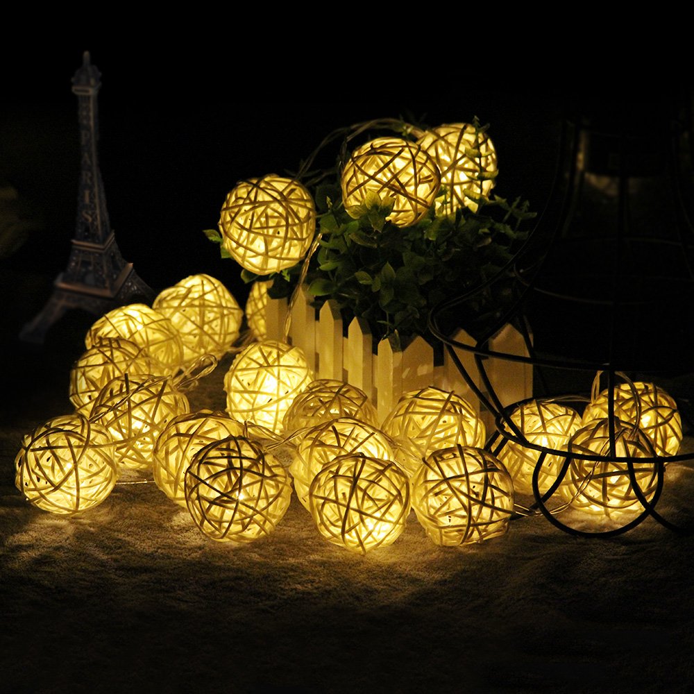 Ball Led Light String, Chickwin Outdoor Cotton Ball Led String Lights 2.2M-2.5M 20leds Fairy Christmas Lamp Home Wedding Party Decoration Patio Light (Rattan warm white light)