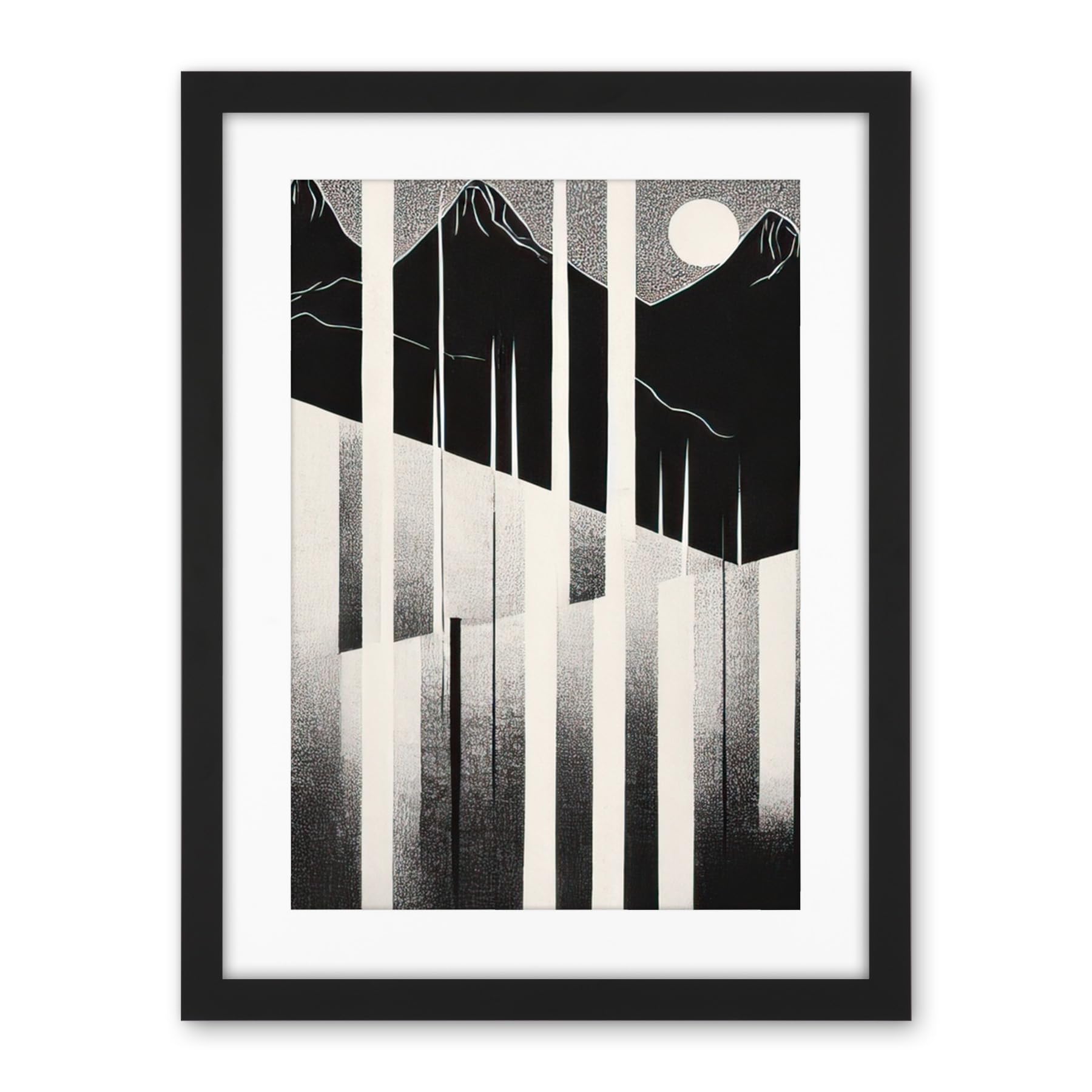 Artery8 Abstract Mountain Landscape Lake Sunrise Linocut Artwork Framed Wall Art Print 18X24 Inch