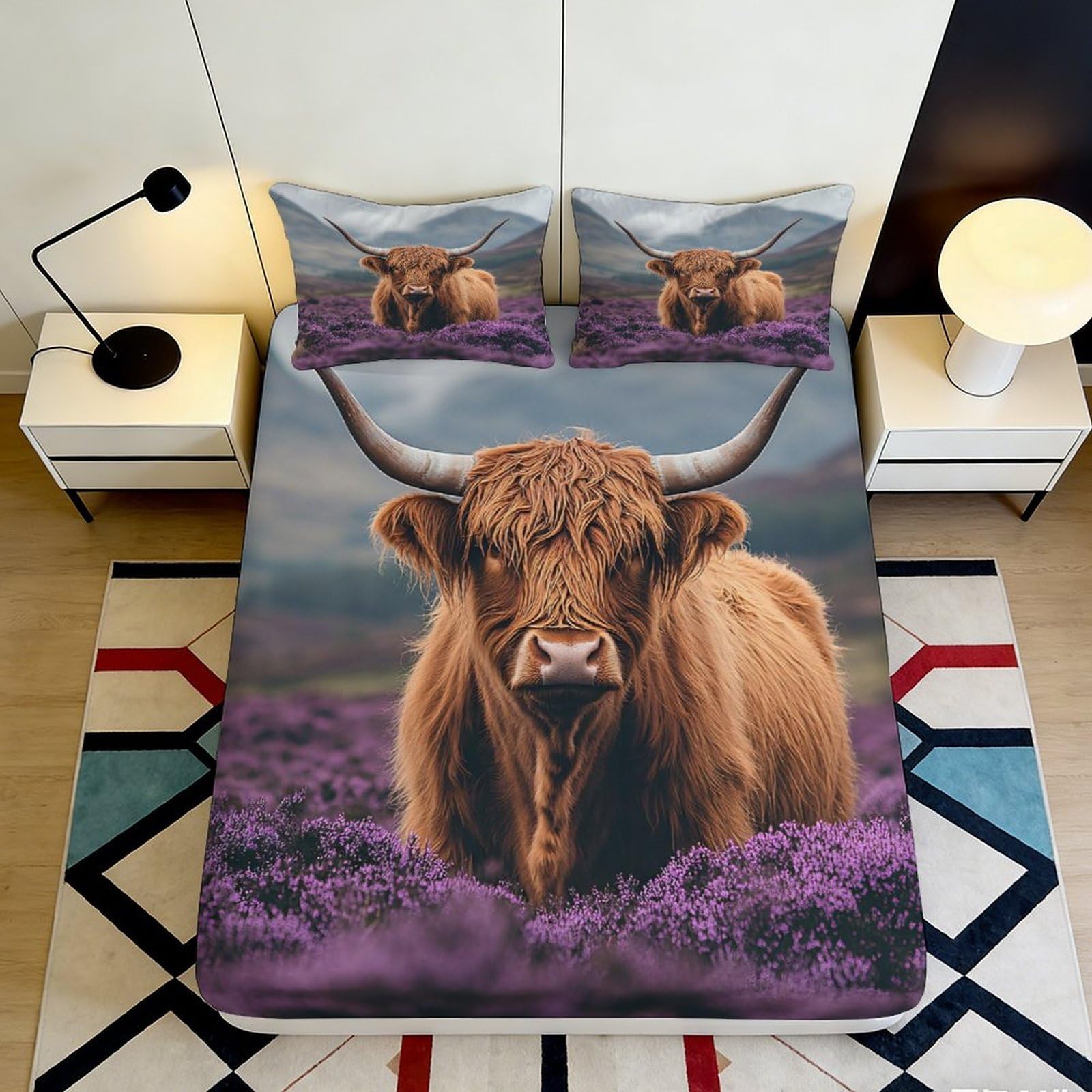 3D Printed Highland Cow Fitted Sheet Microfiber Decorative Purple Meadow Bed Cover for Bedroom Dorm Mattress Protection 90x200x25cm