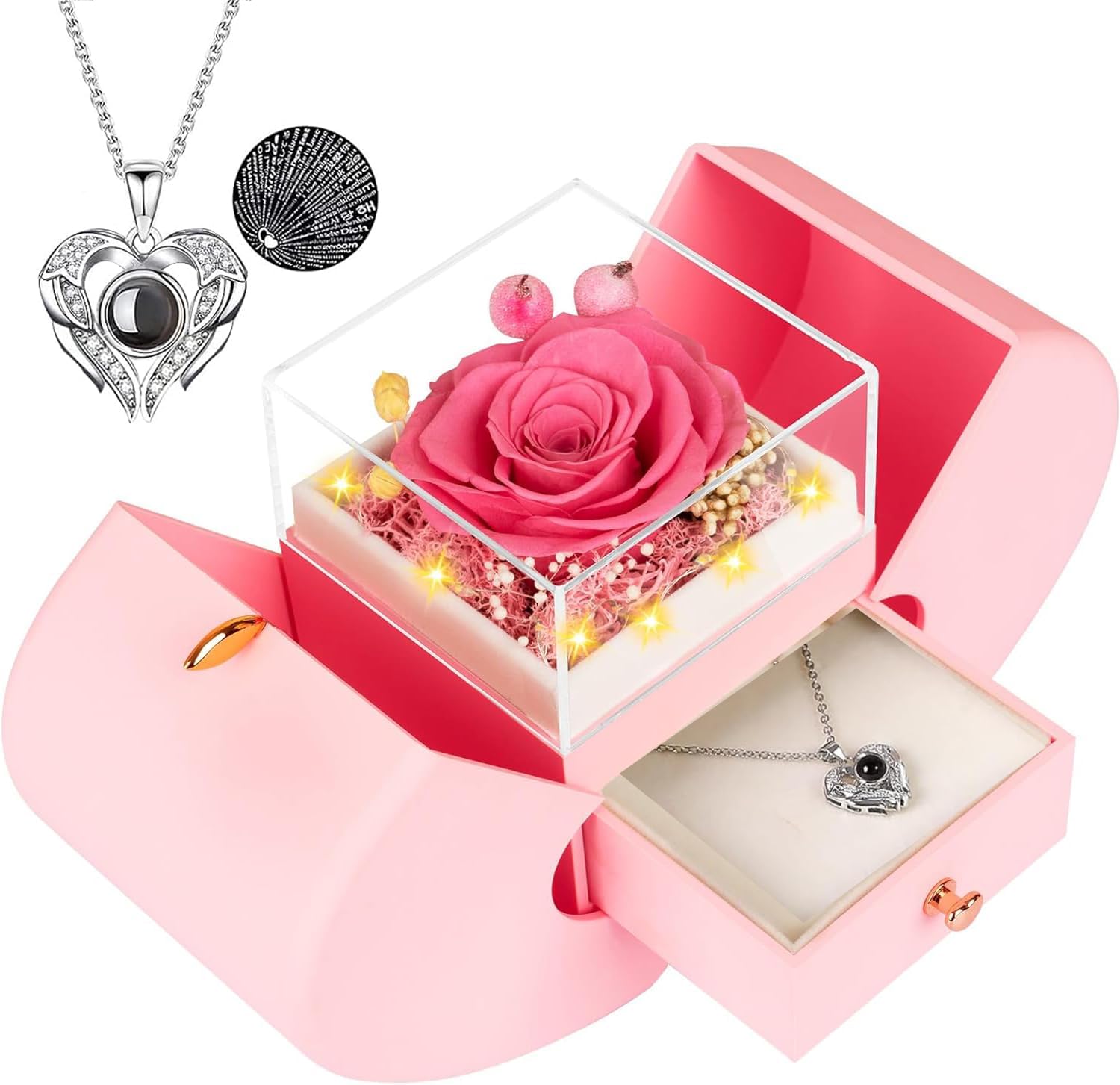 moshen Preserved Rose Gift Box with LED Lights, Red Floral Arrangement, Romantic Jewelry Display Case for Valentine's Day, Anniversary, Birthday (Red)