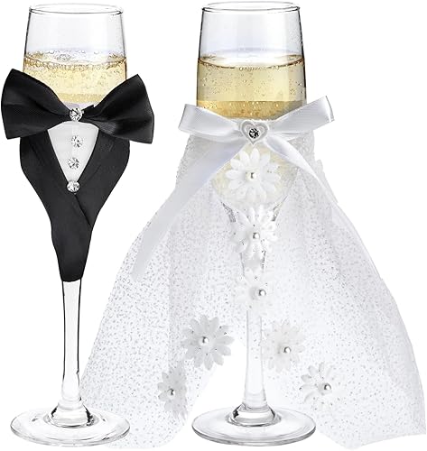 Miniatura 5 de Sparkle and Bash Copas de boda para novia y novio, 2 flautas de 8.75 pulgadas, en blanco y negro, modernas, copas de brindis de champán para regalos