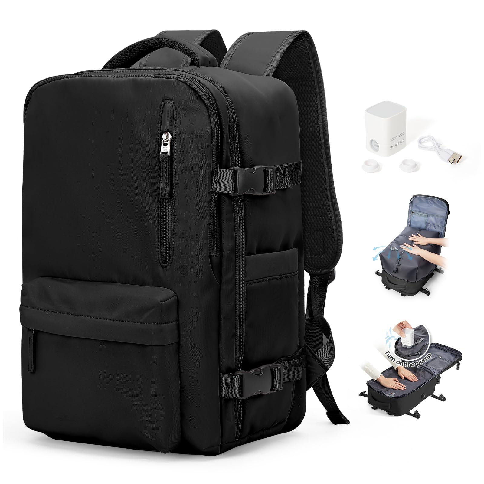 Vakuum Rucksack mit Pumpe Handgepäck Rucksack 40x30x20 für Ryanair Reiserucksack Wasserdichter Unter Dem Sitz Handgepäck Flugzeuge Weekendertasche Wanderrucksack Lässiger Tagesrucksack,D01-Schwarz