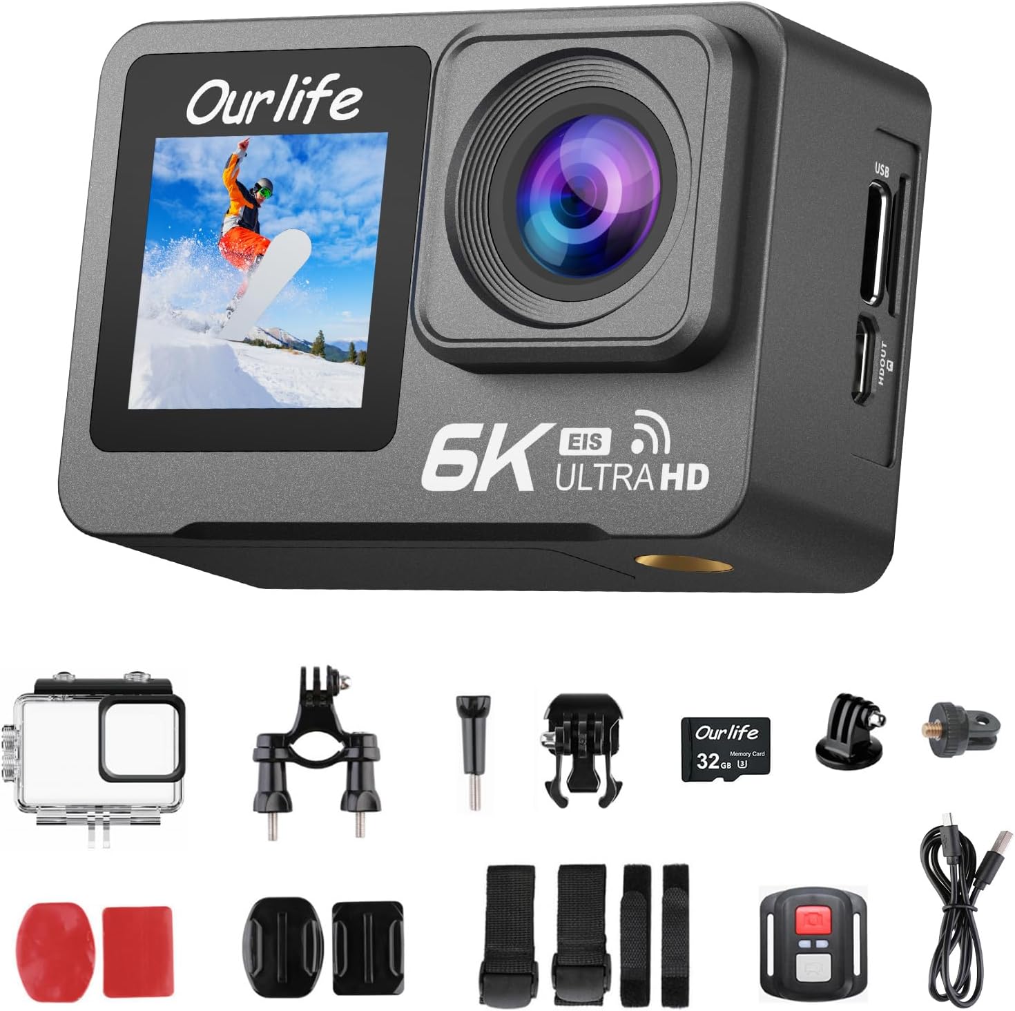 Ourlife 6K/30fps Action Camera Stunning Low-Light Imaging,Dual Screen Touch with 9:16 Vertical,170°Wide FOV,30M Waterproof Underwater Camera for Snorkeling EIS Remote Control(32GB)