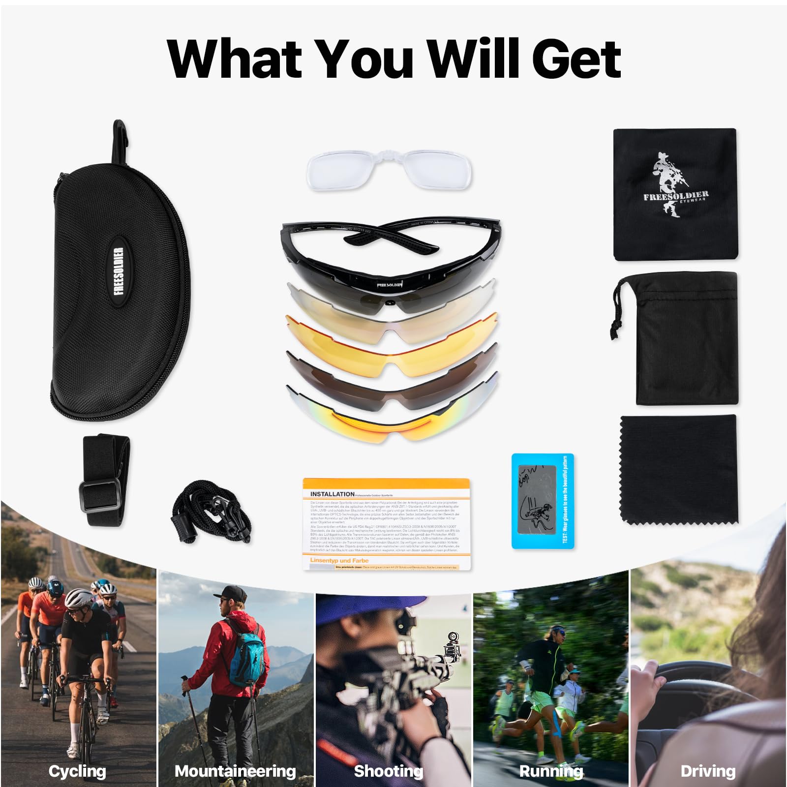FREE SOLDIER Occhiali da Sole da Uomo Polarizzati 5 in 1 Occhiale Ciclismo MTB Softair Occhiali Tattici Militari Anti-UV400 Protezione per Ciclismo, Corsa, Pesca, Guida, Sport All'aperto