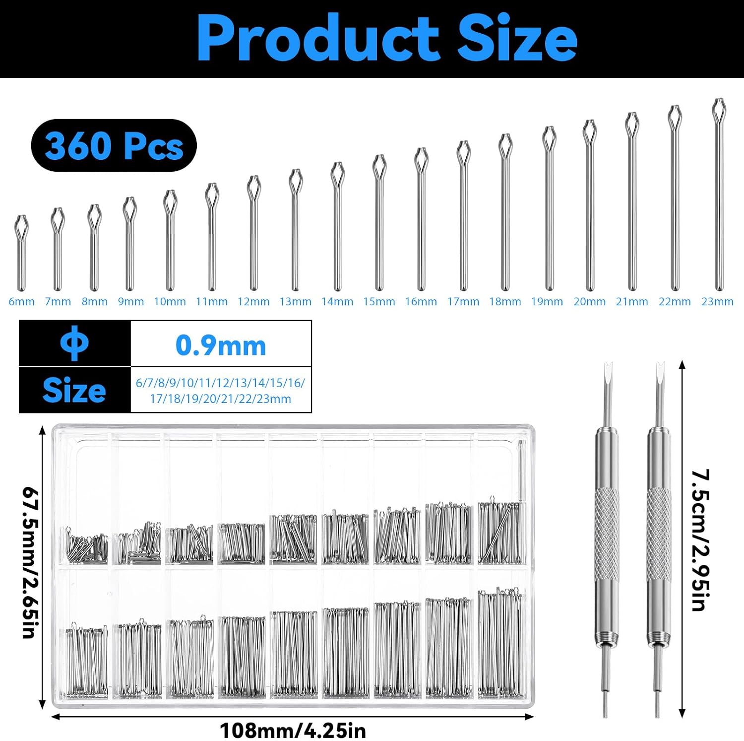 Mabor 360PCS Watch Band Pins, Stainless Steel Watch Link Pins Replacement Kit with Removal Tools, 18 Sizes (6-23mm)