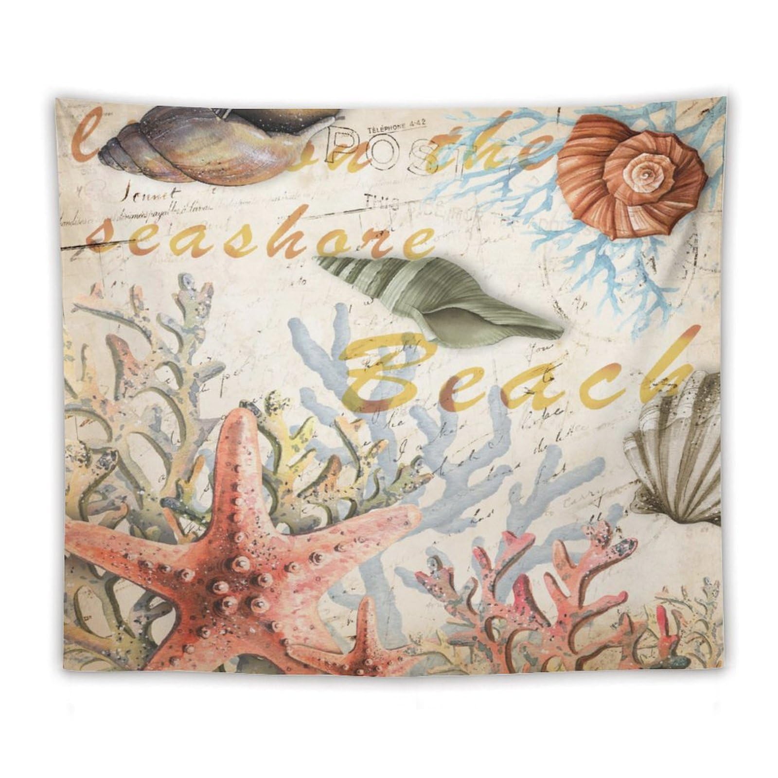 Vintage Seashell Starfish Tapestry,Nautical Undersea Beach Coastal Sea Coral Wall Hanging Neutral Home Decor Art for Living Room Bedroom Dorm 80"x60"