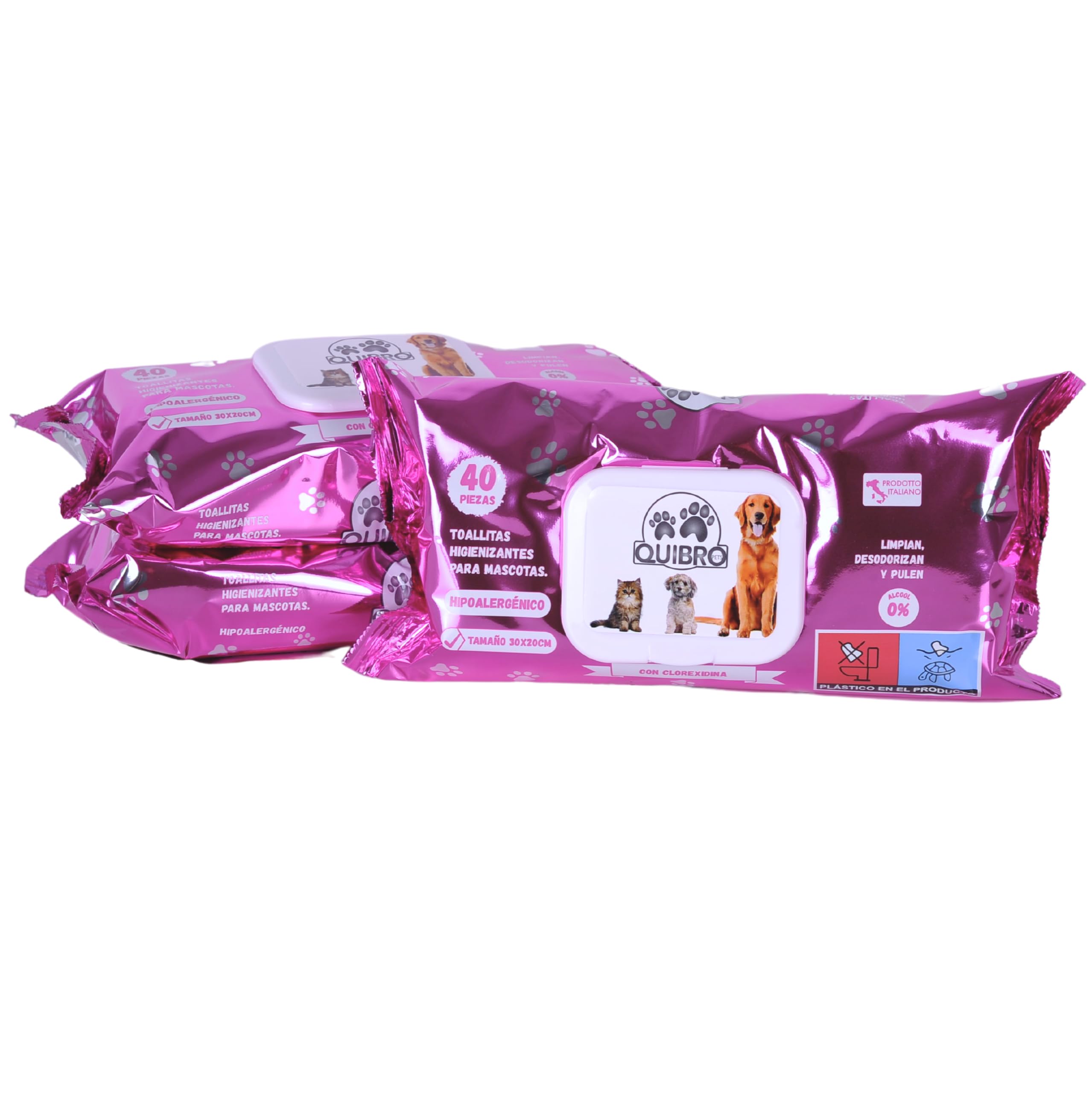 Quibropets Pack de 3 Toallitas Húmedas con Clorhexidina para la Higiene de Perros y Gatos - Limpieza Profunda y Efectiva en un Solo Paso - Limpiador de Patas para Mascotas - (Total 120 Toallitas)