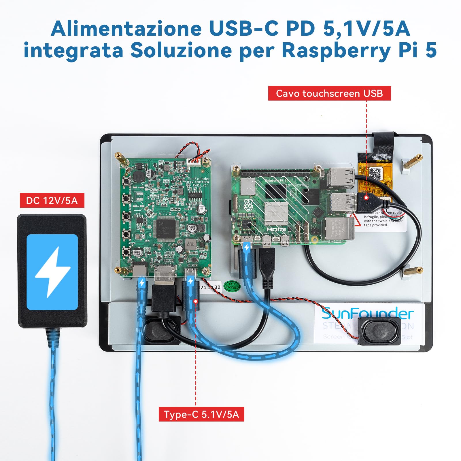 SUNFOUNDER Ultimo 10 Pollici DIY Touch Screen all-in-One Solution per Raspberry Pi 5, IPS HD 1280x800 LCD, Built-in 5.1V/5A Output, HDMI, 10 Punti, Nessun Driver, Altoparlanti, per RPi 5/4/3/Zero 2W
