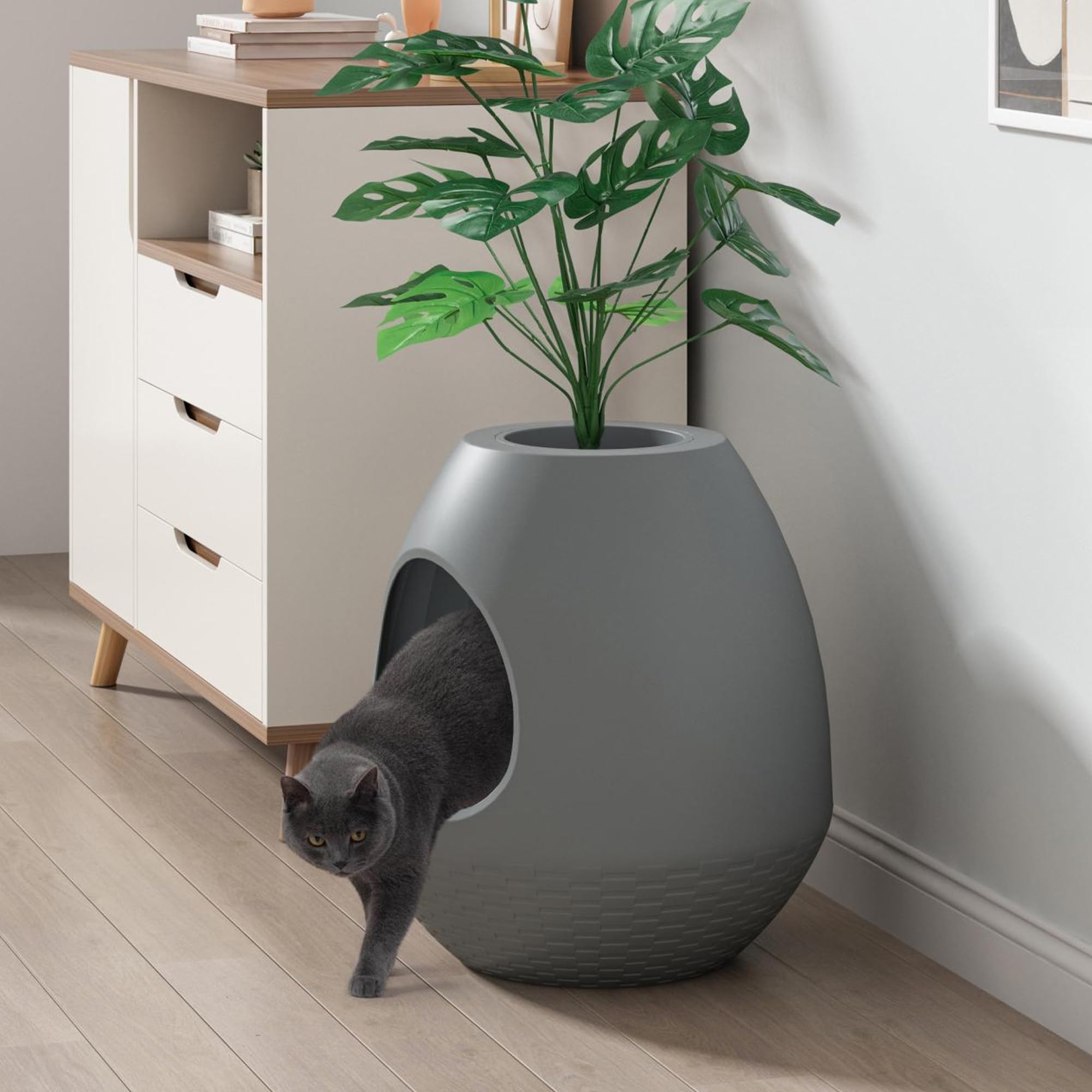 Arenero para gatos como maceta, caja de arena multifuncional con tapa y planta, arenero para gatos oculto, ideal para la mayoría de los gatos, la elección ideal para apartamentos y oficinas (gris)