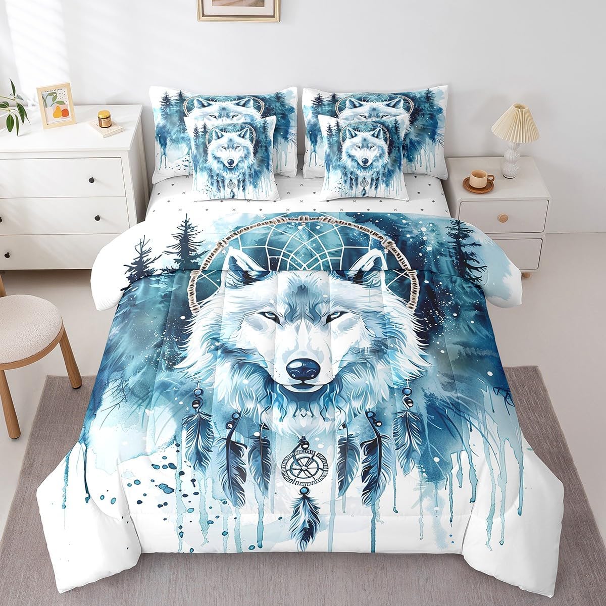 Feelyou Wolf Comforter Set 7 Pieces King Size Safari Animal Wildlife Bedding Set for Kids Adults Western Dreamcatcher Bed in a Bag,Comforter + Sheets + Pillowcases + Cushion Covers