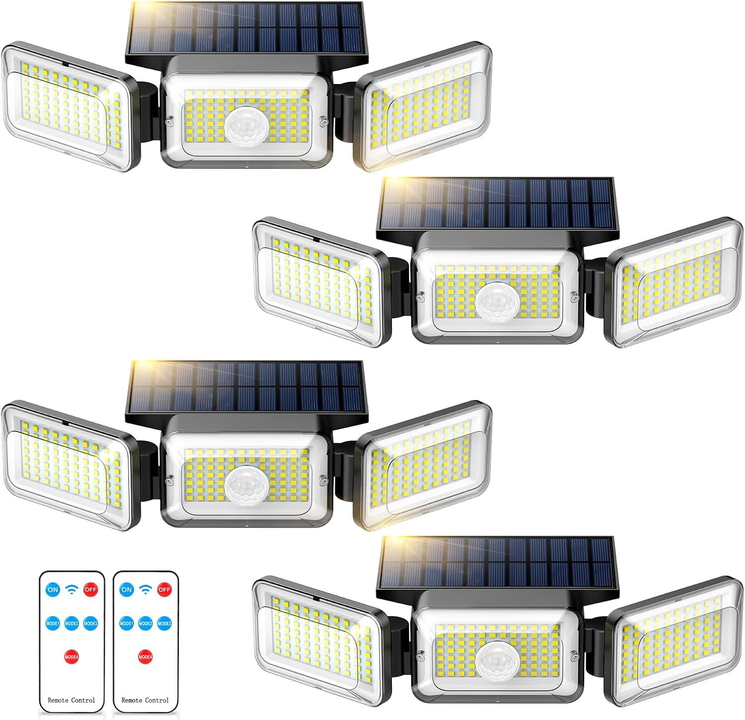 Mokot Solar Lights Outdoor, 218LED 2500LM Solar Motion Sensor Outdoor Lights, 3 Head IP65 Waterproof Solar Powered Flood Security Lights for Garden Patio Yard House Outside- 4Pack（Black）
