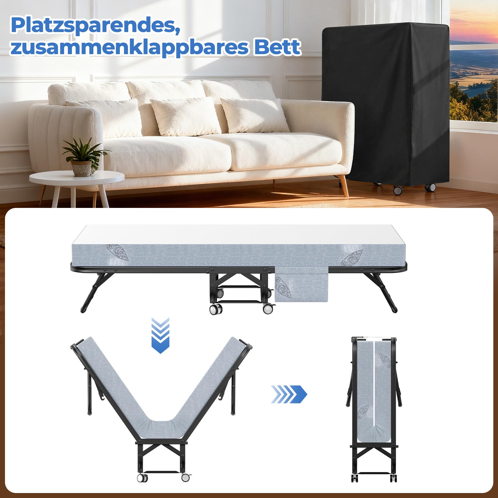Frost IX Klappbett 97x190cm Gästebett mit 12cm Matratze, Faltbares Bett mit Rollen, Belastbar bis 205kg, Inkl. Staubschutzbeutel, Platzsparendes Gästebett für Zuhause & Camping