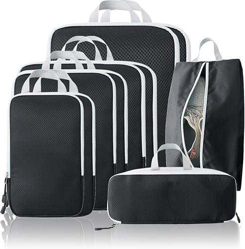 Compression Packing Cubes, 10 Set Packing Cubes for Travel Compression, Lightweight Compressible Package Organizer for Carry On and Suitcases, Black and Grey