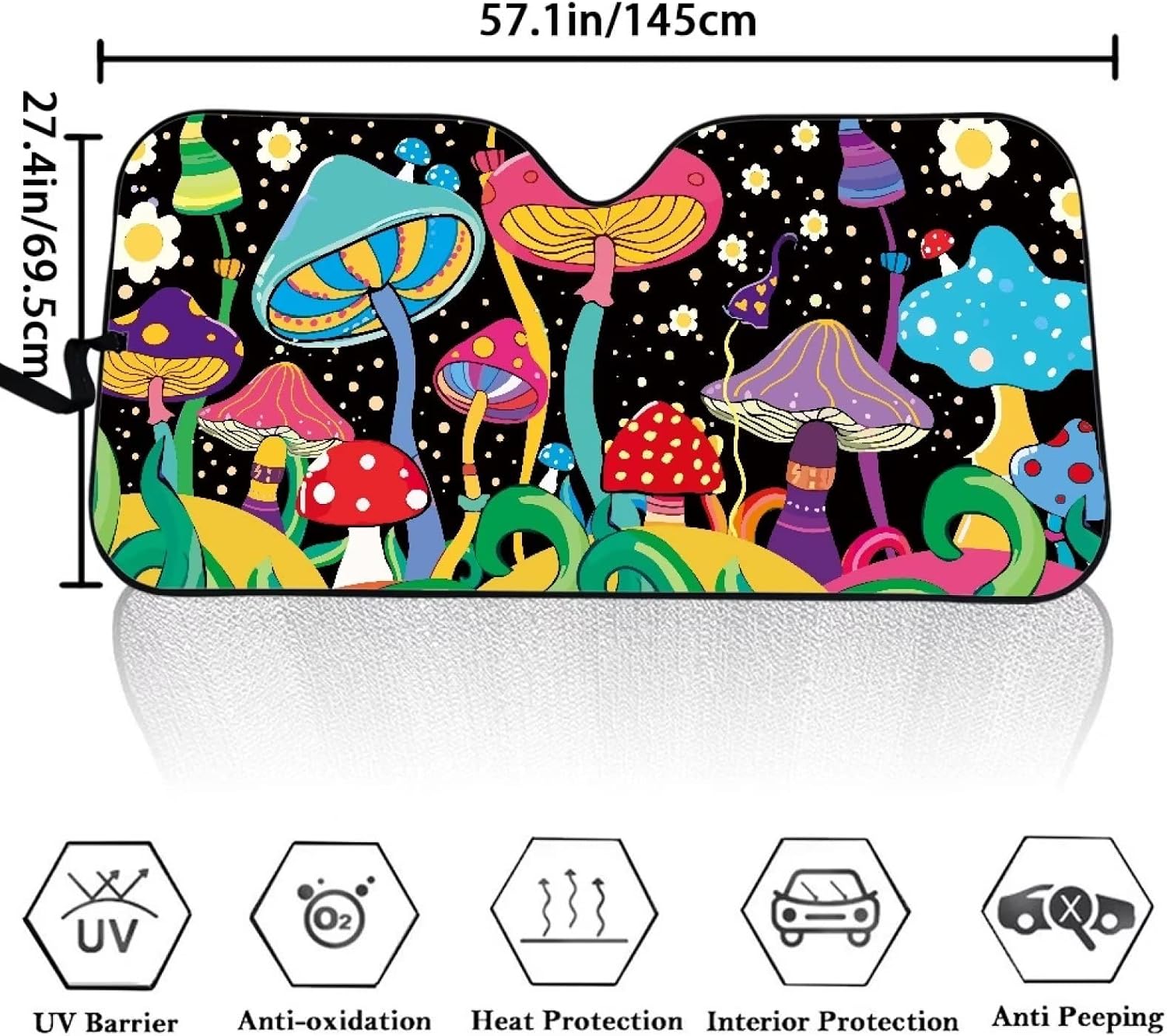 Cute Fantastic Mushroom Print Funny Windshield Sun Shade for Car Truck SUV Foldable Universal Fit Sun Visor Shield Durable Accordion Car Sunshade Automotive Interior Sun Protection