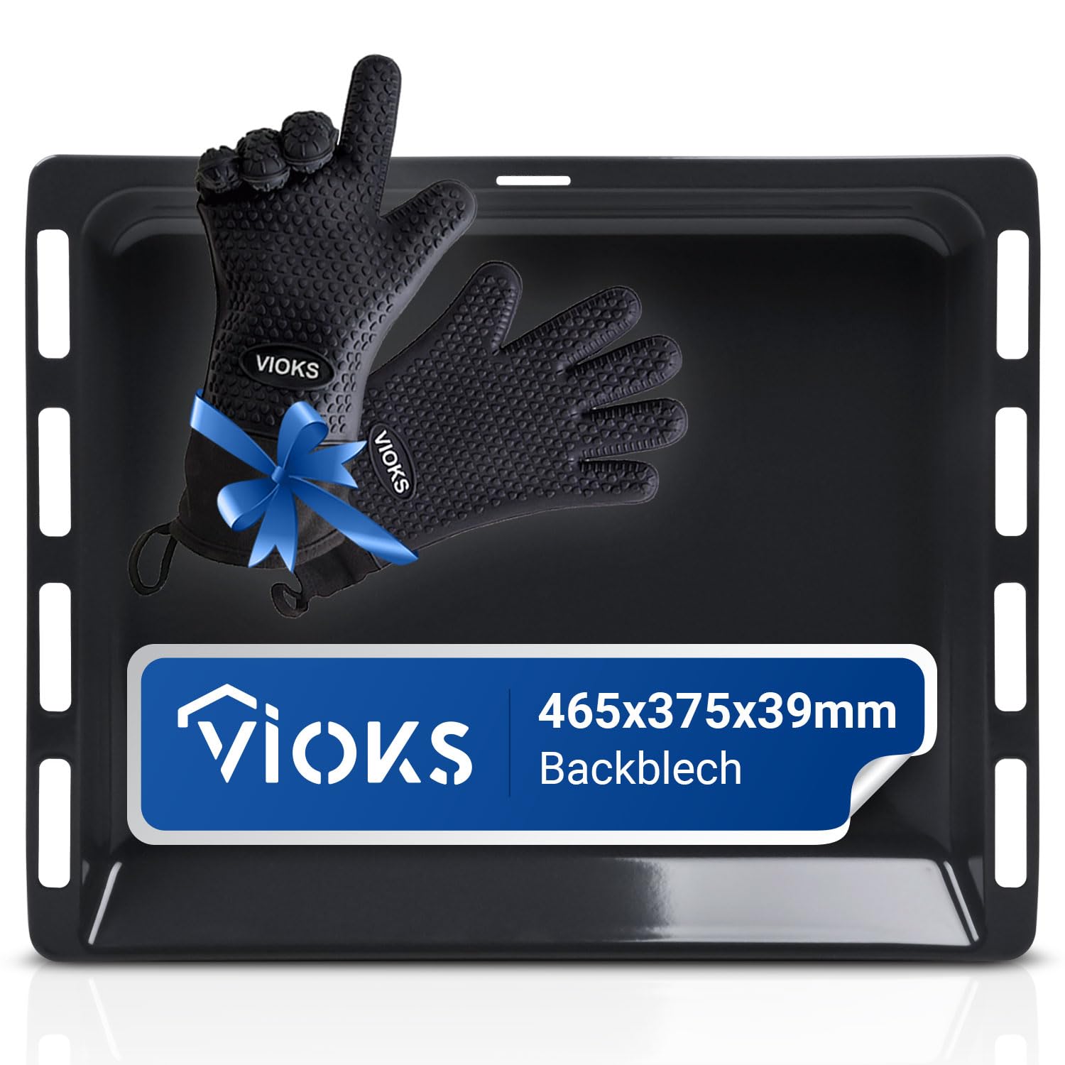 VIOKS Tiefes Backblech Set 465 x 375 x 39 mm Ersatz für Siеmens Backblech Bosch 00574912 HEZ332003 - Fettpfanne Backofen Emailliert mit 2 Silikon Ofenhandschuhe